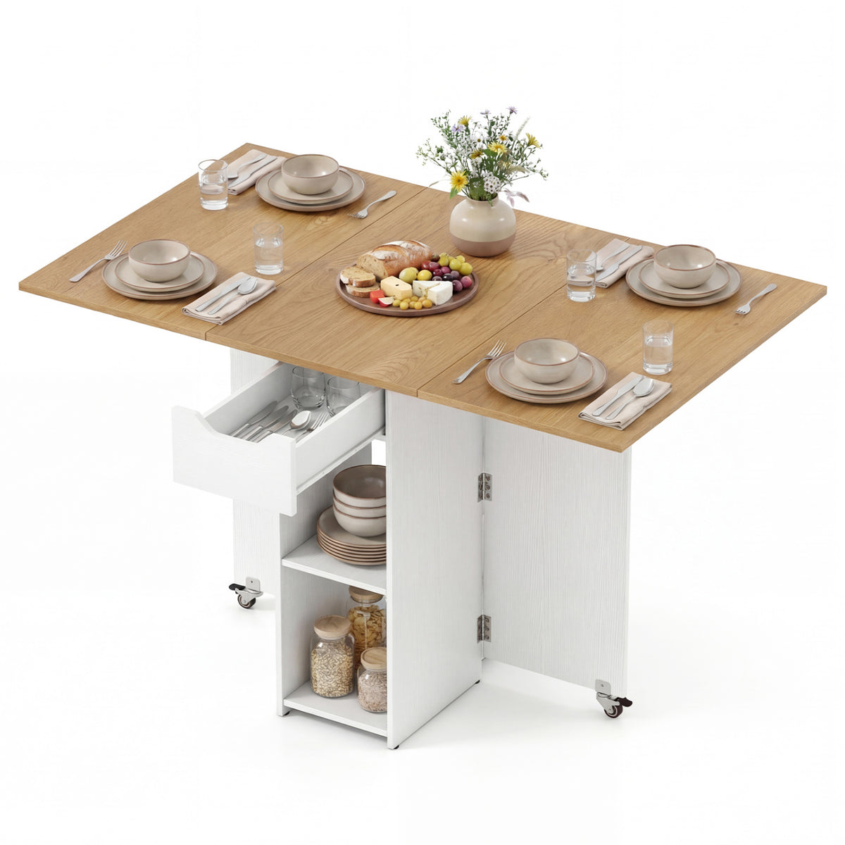 Farmhouse Extendable Wooden Dinner Table with Lockable Wheels