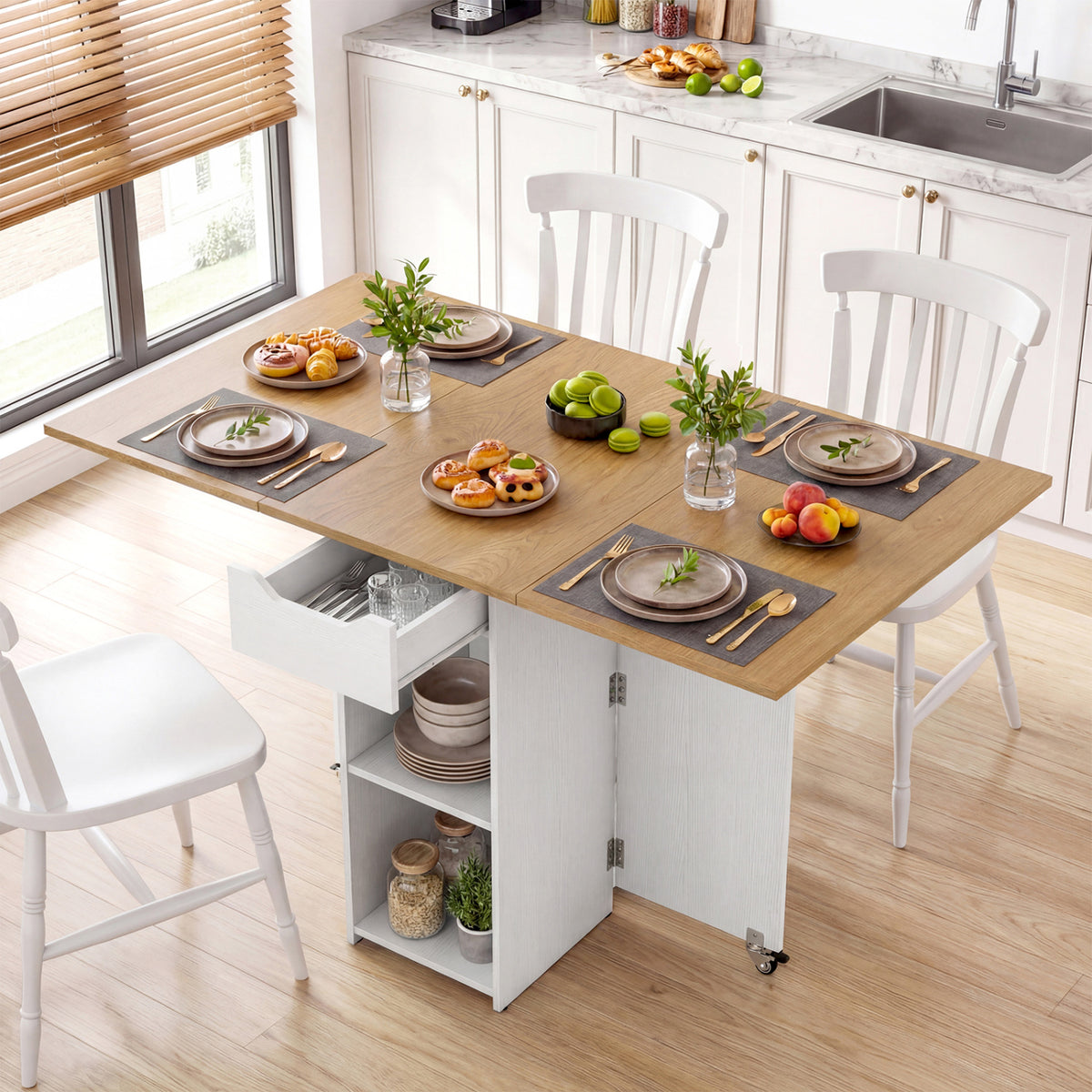 Farmhouse Extendable Wooden Dinner Table with Lockable Wheels