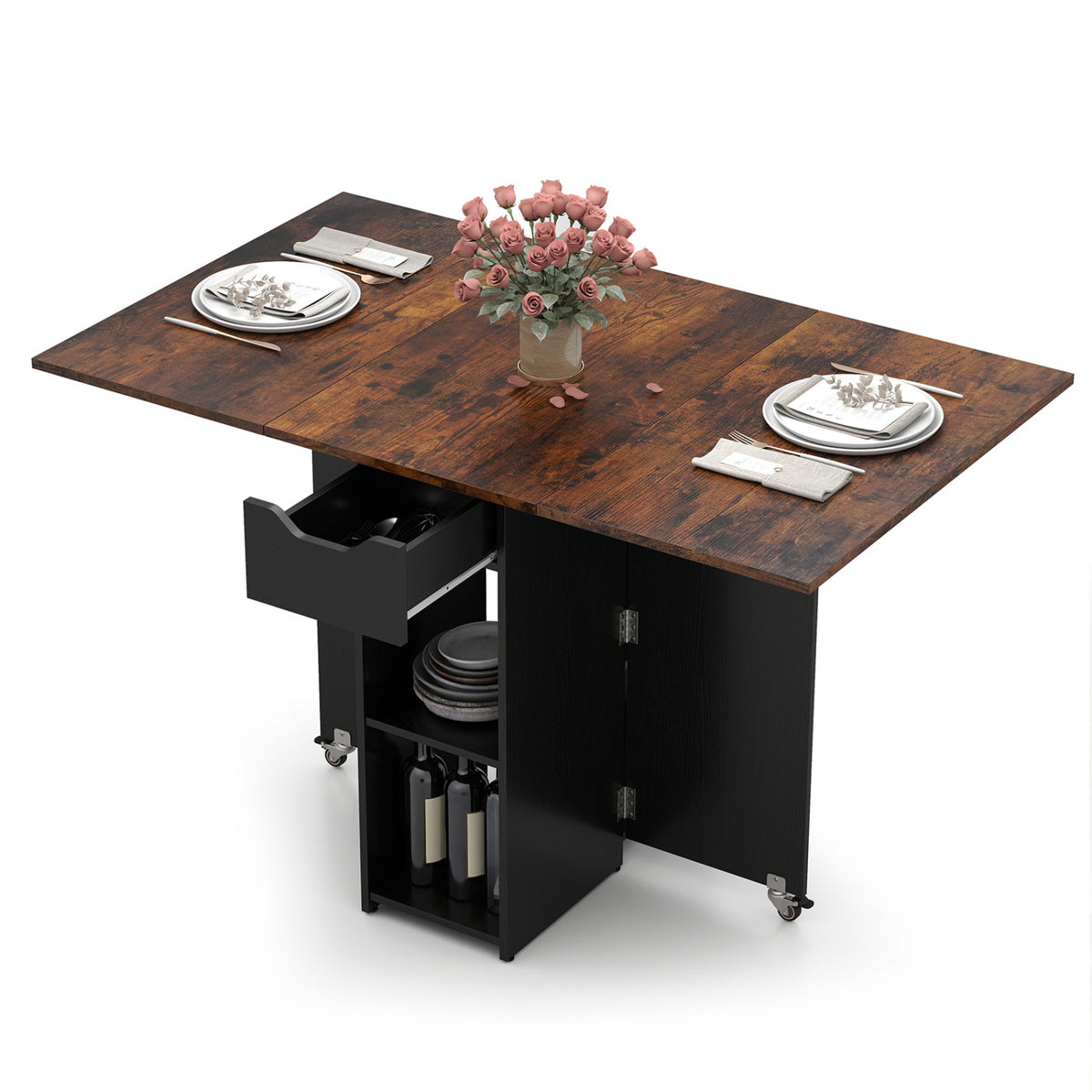 Farmhouse Extendable Wooden Dinner Table with Lockable Wheels