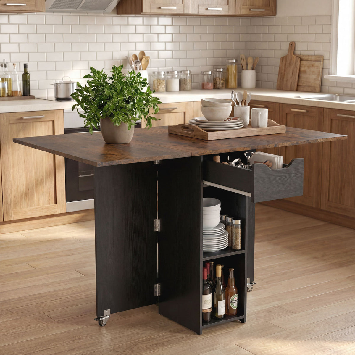 Farmhouse Extendable Wooden Dinner Table with Lockable Wheels