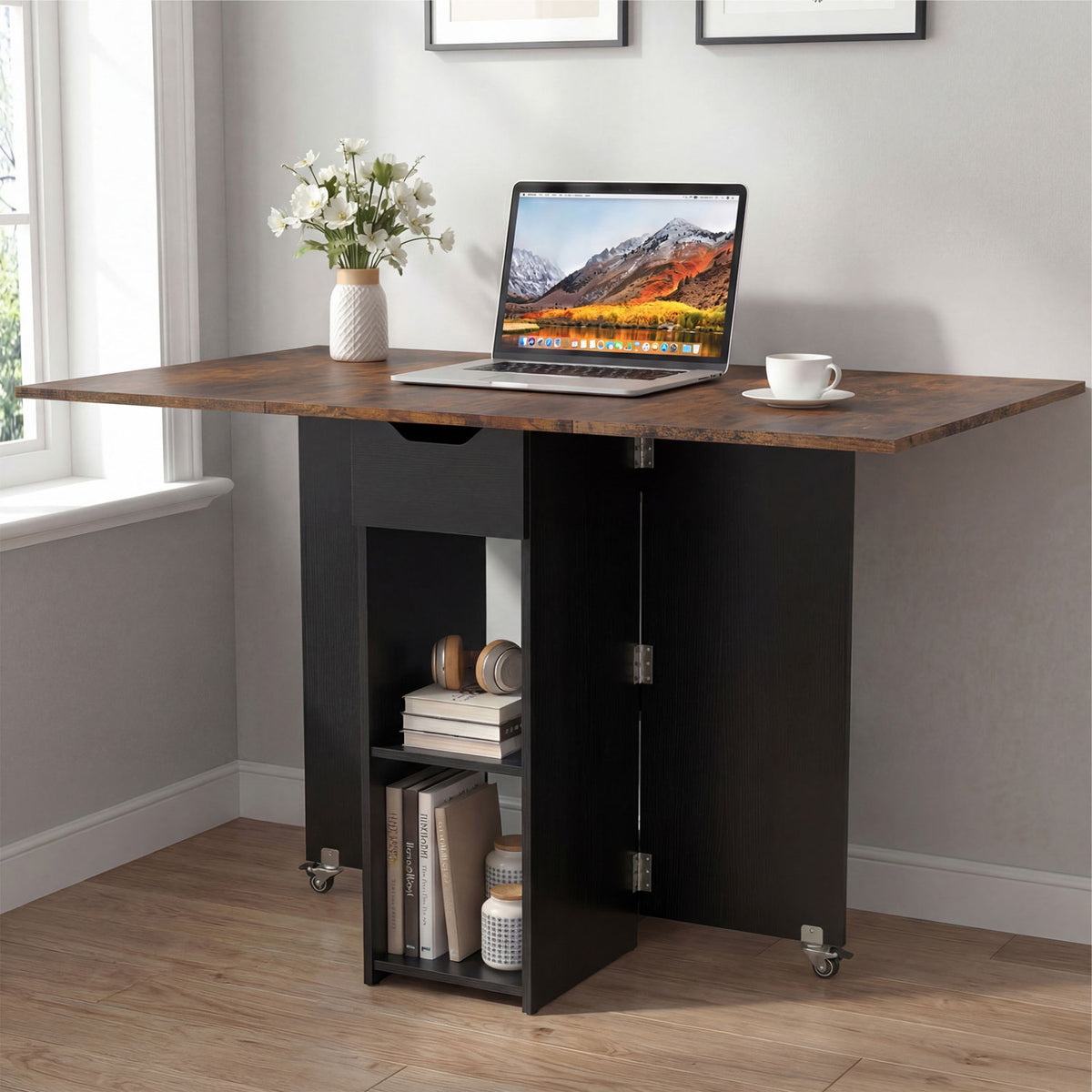 Farmhouse Extendable Wooden Dinner Table with Lockable Wheels