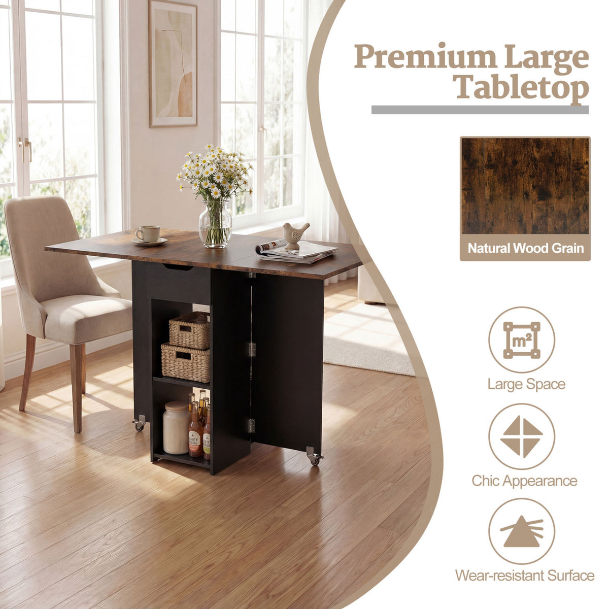 Farmhouse Extendable Wooden Dinner Table with Lockable Wheels