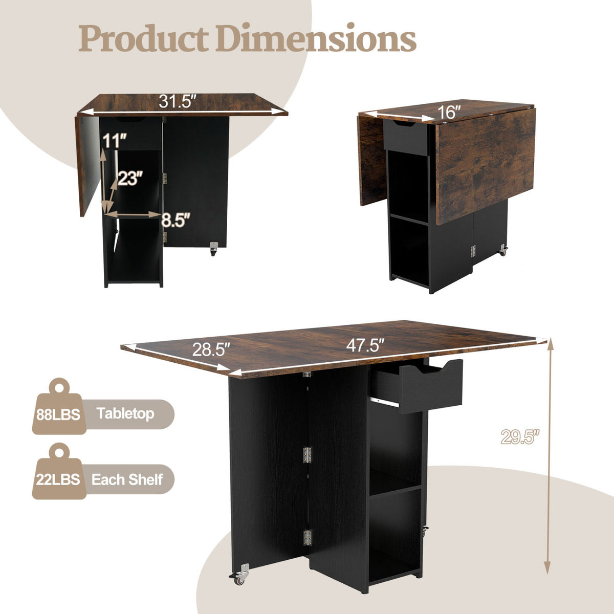 Farmhouse Extendable Wooden Dinner Table with Lockable Wheels