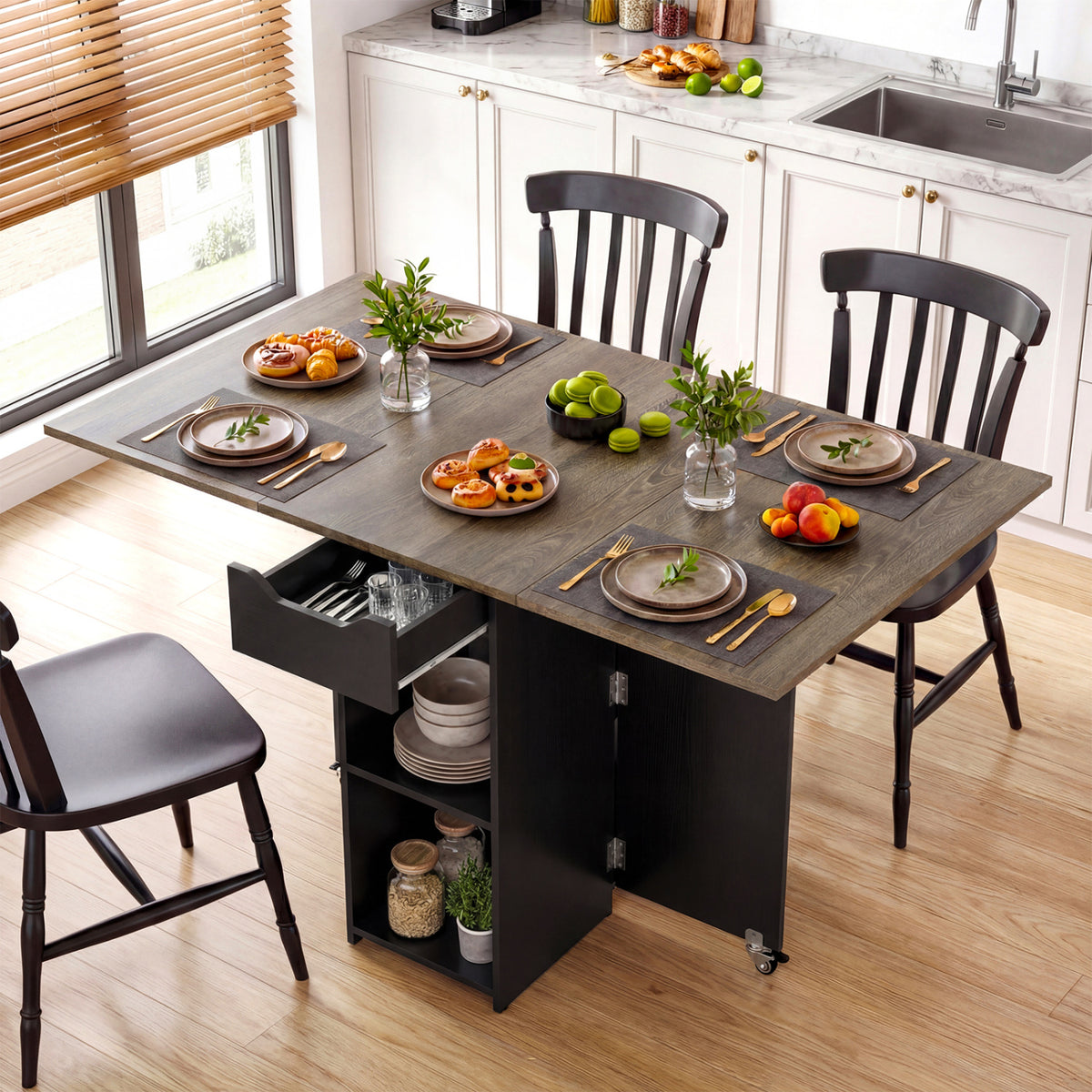 Farmhouse Extendable Wooden Dinner Table with Lockable Wheels