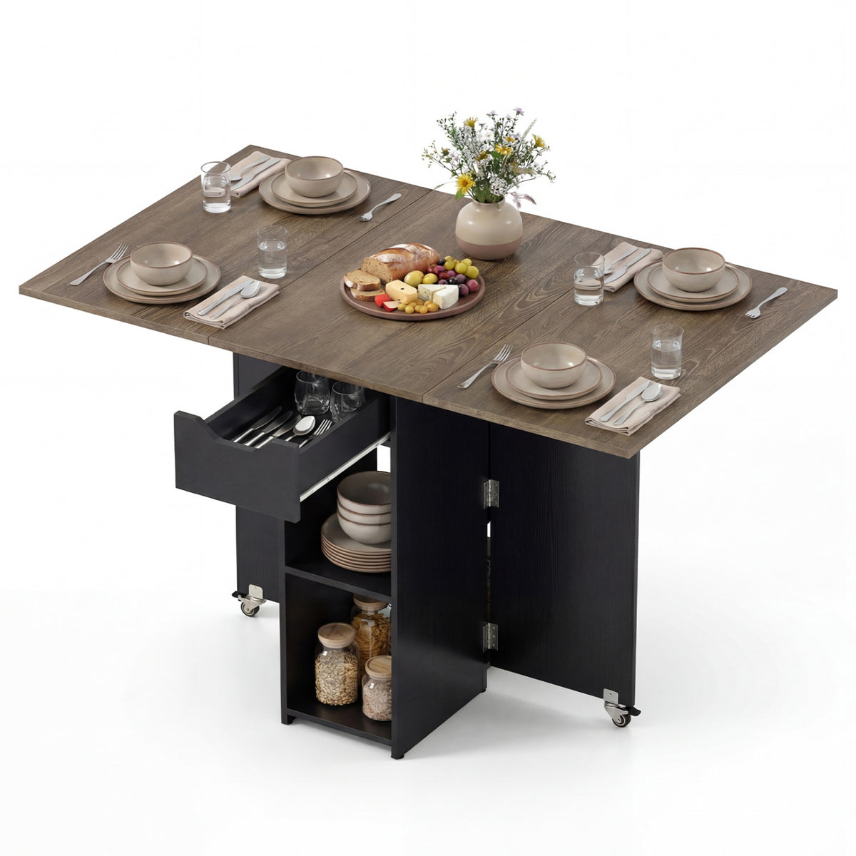 Farmhouse Extendable Wooden Dinner Table with Lockable Wheels