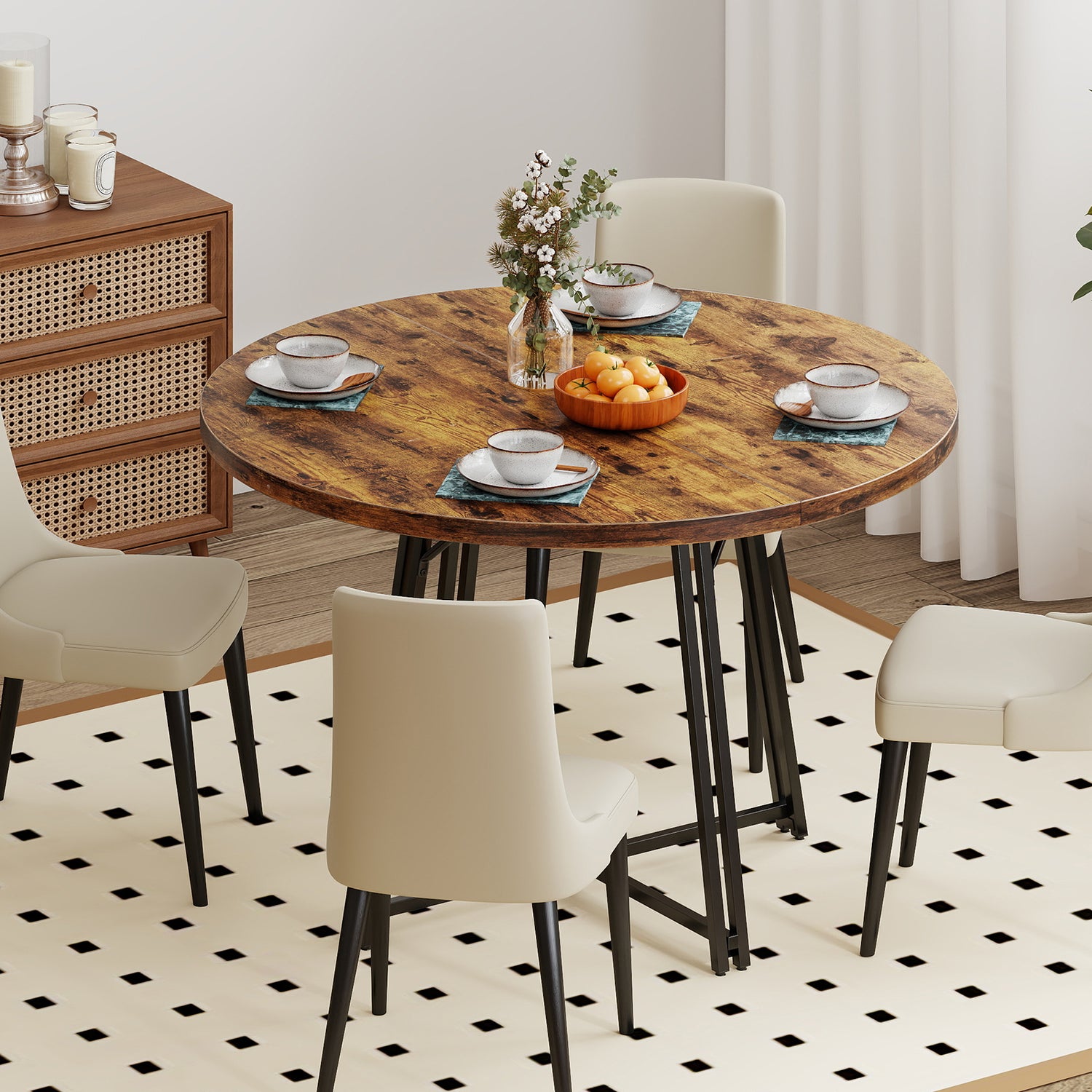 47 Inch Dining Table for 4-6 People Round Kitchen Table with Cross Base