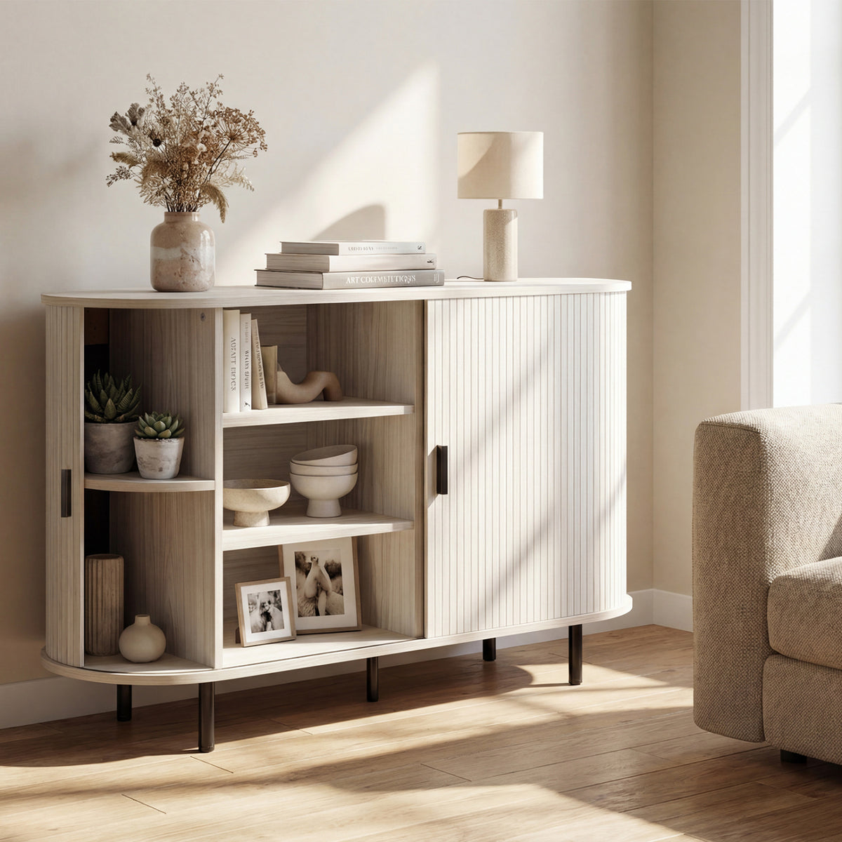 Fluted Sideboard Buffet Cabinet with Tambour Sliding Doors and Metal Legs