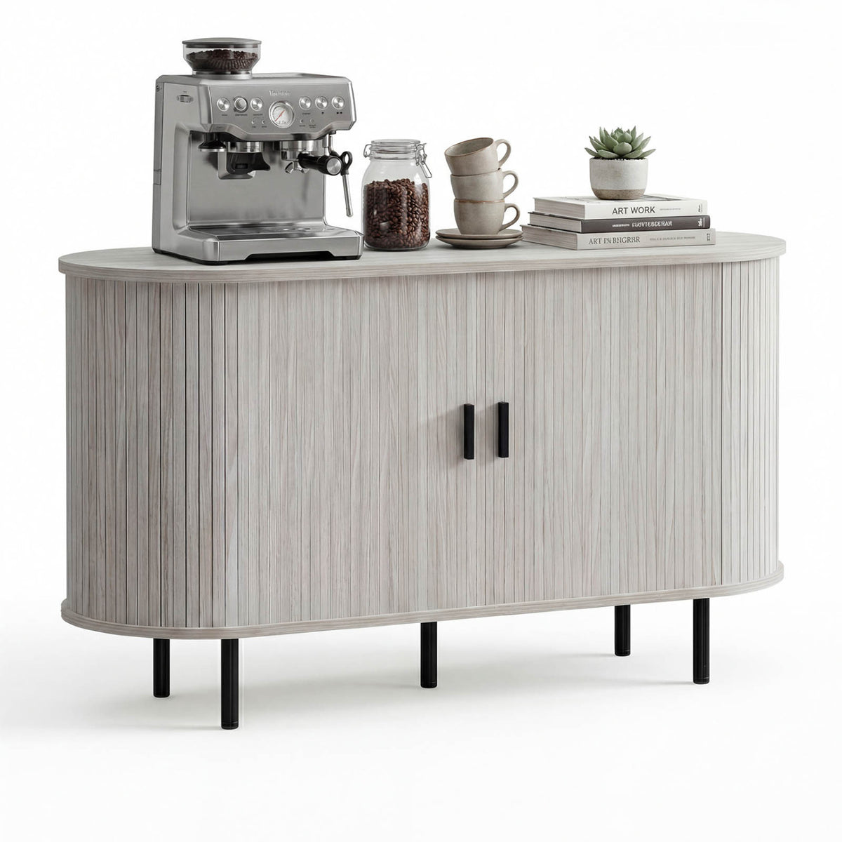 Fluted Sideboard Buffet Cabinet with Tambour Sliding Doors and Metal Legs