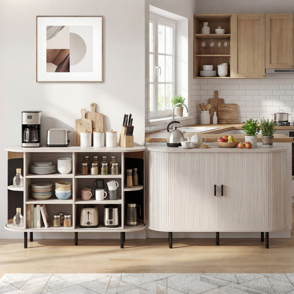 Fluted Sideboard Buffet Cabinet with Tambour Sliding Doors and Metal Legs