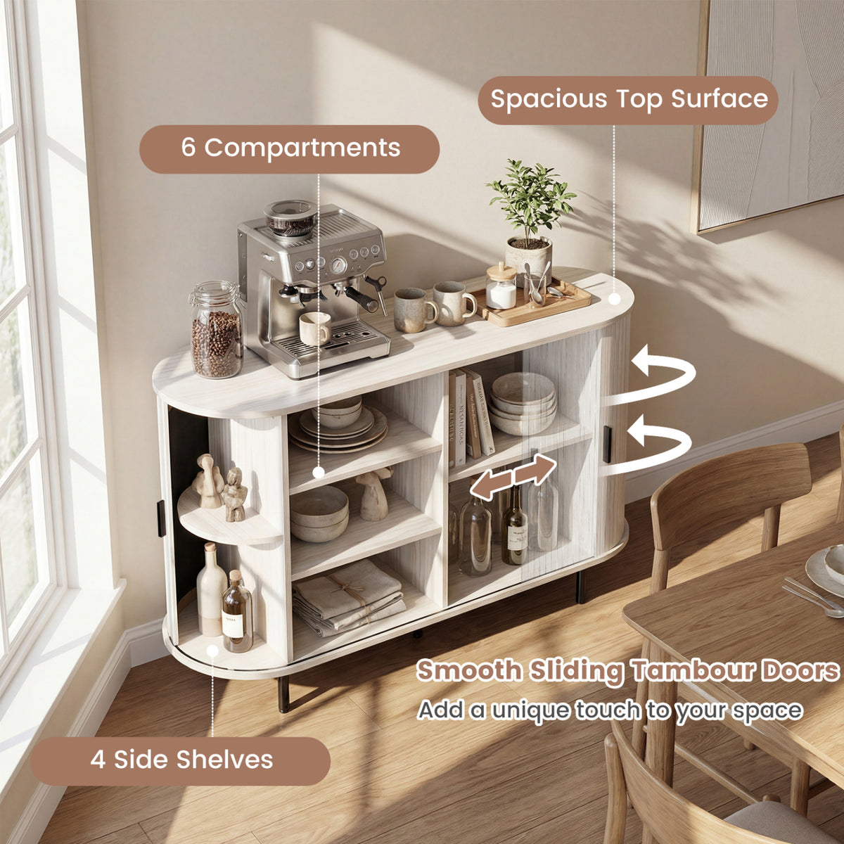 Fluted Sideboard Buffet Cabinet with Tambour Sliding Doors and Metal Legs