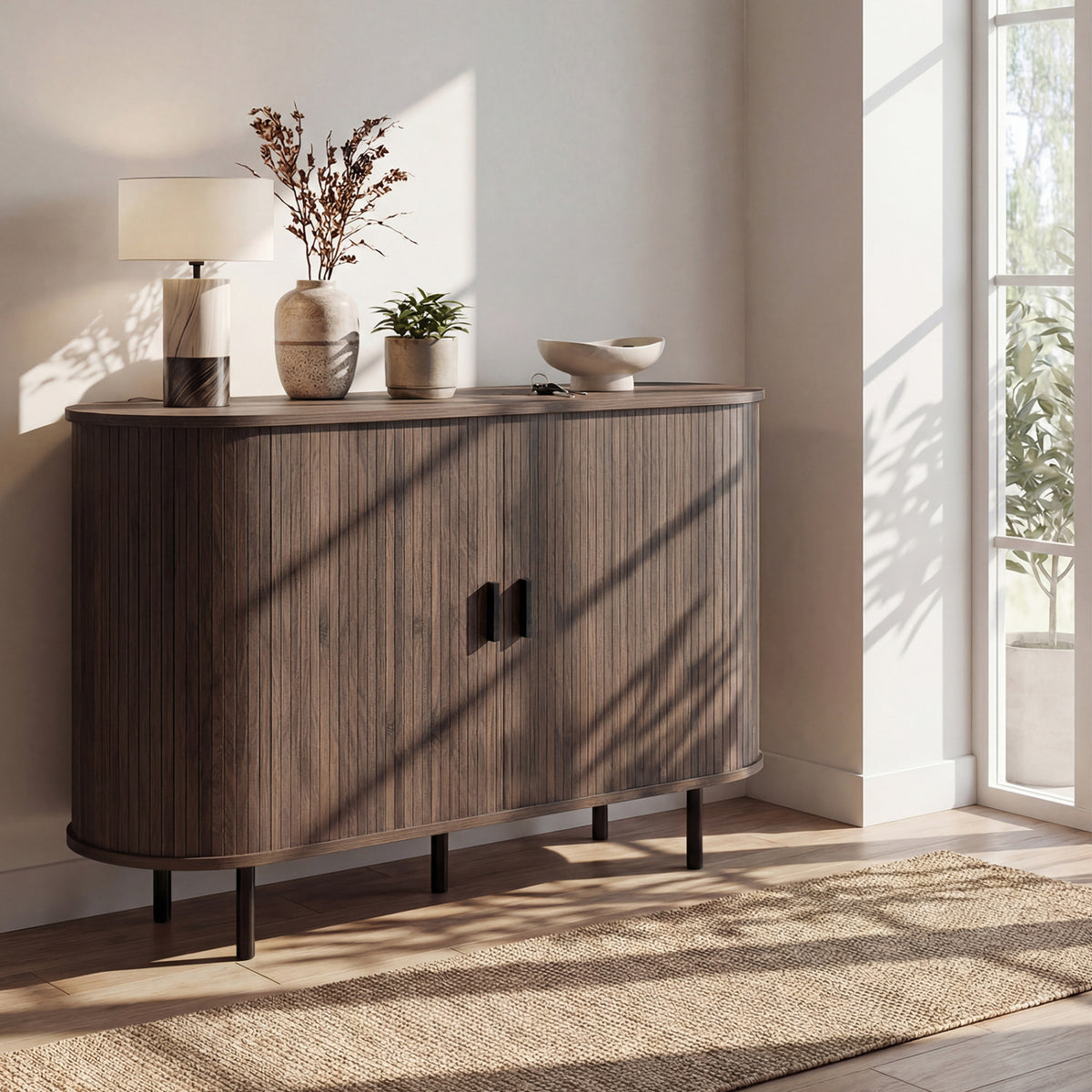Fluted Sideboard Buffet Cabinet with Tambour Sliding Doors and Metal Legs