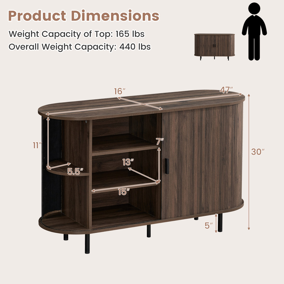 Fluted Sideboard Buffet Cabinet with Tambour Sliding Doors and Metal Legs