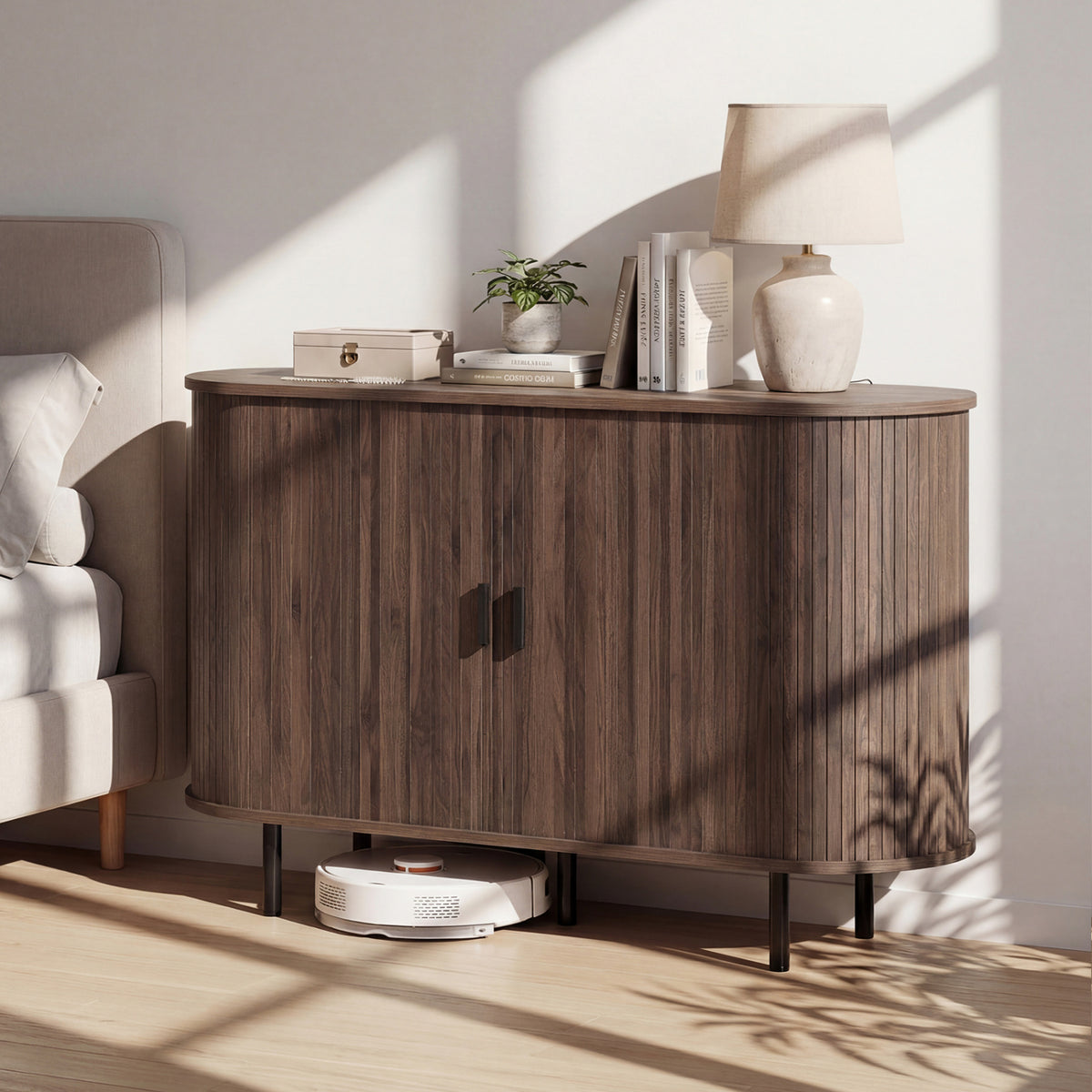 Fluted Sideboard Buffet Cabinet with Tambour Sliding Doors and Metal Legs