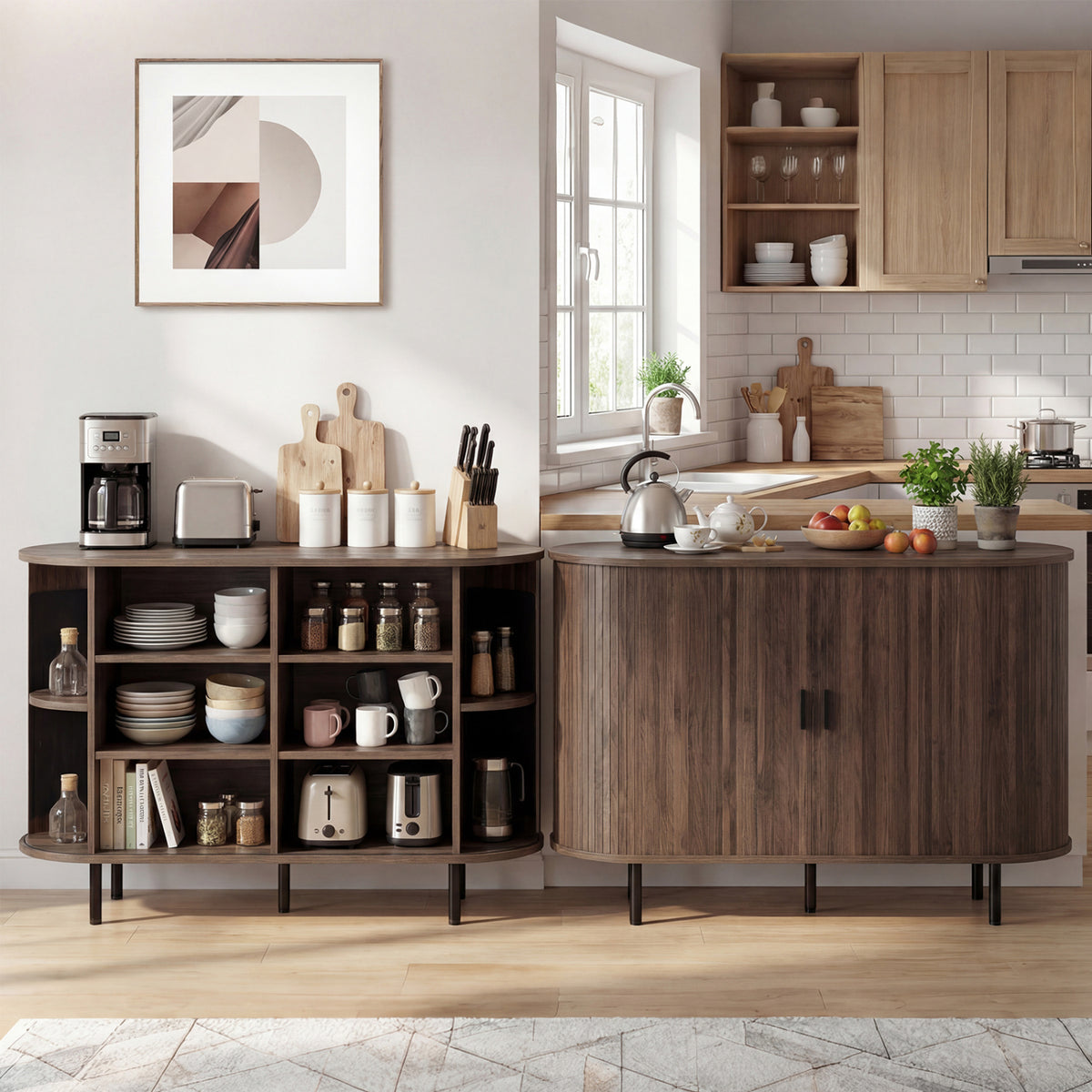 Fluted Sideboard Buffet Cabinet with Tambour Sliding Doors and Metal Legs
