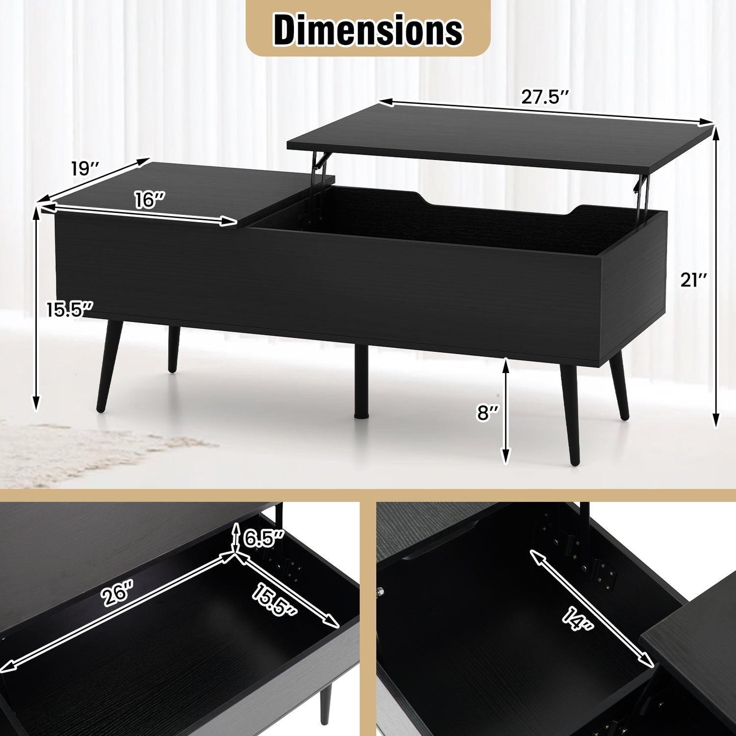 47 Inch Lift Top Coffee Table with 2 Hidden Compartments