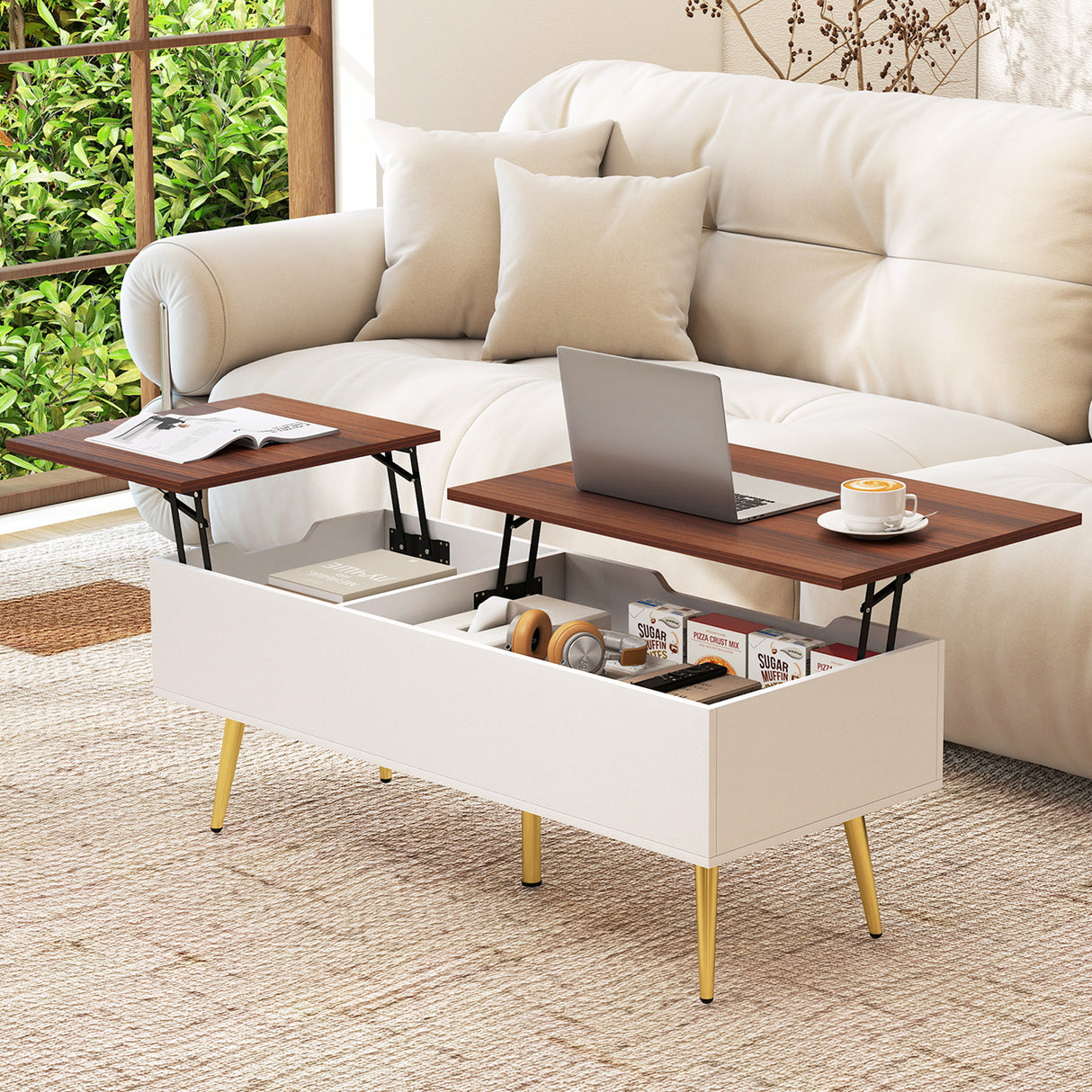 47 Inch Lift Top Coffee Table with 2 Hidden Compartments