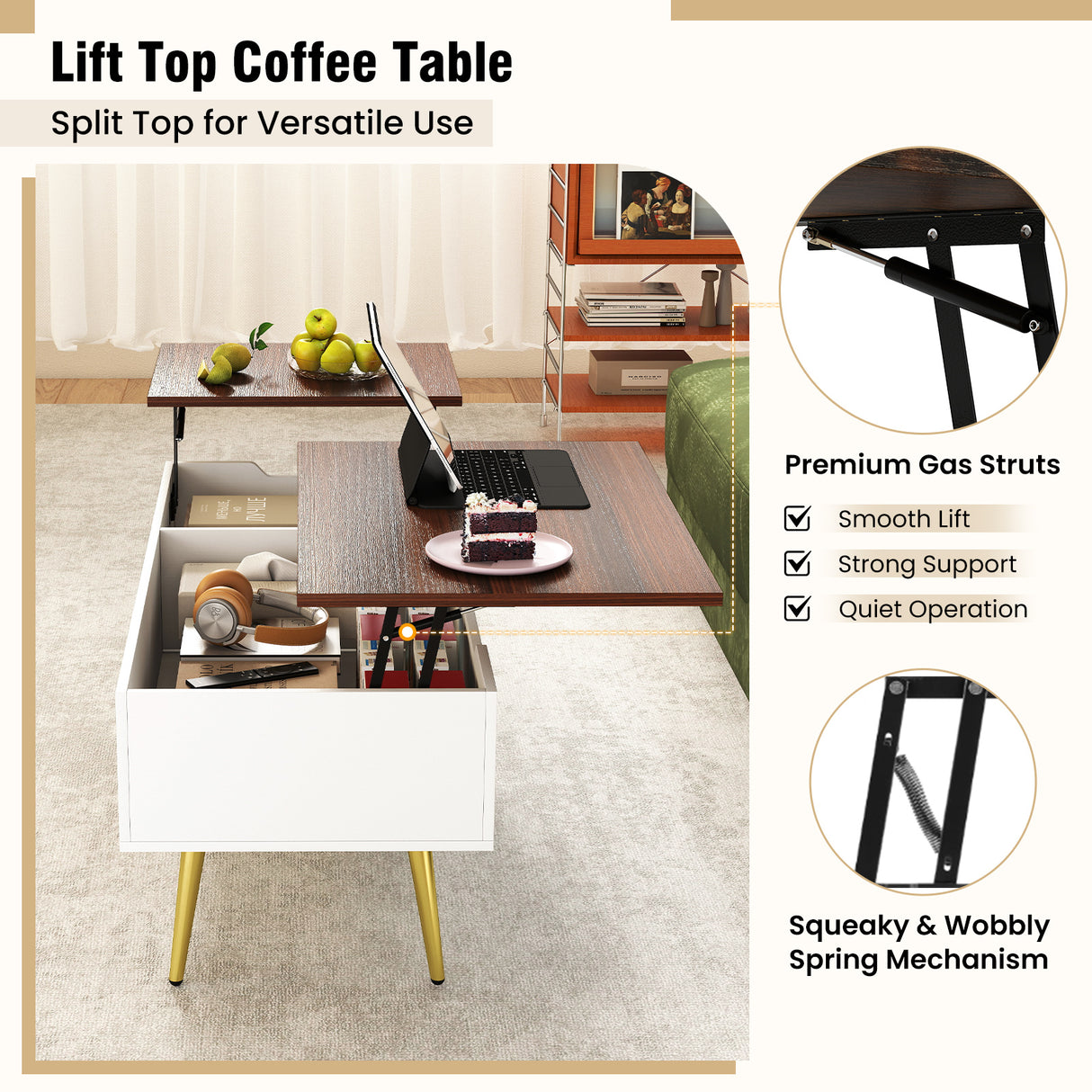 47 Inch Lift Top Coffee Table with 2 Hidden Compartments