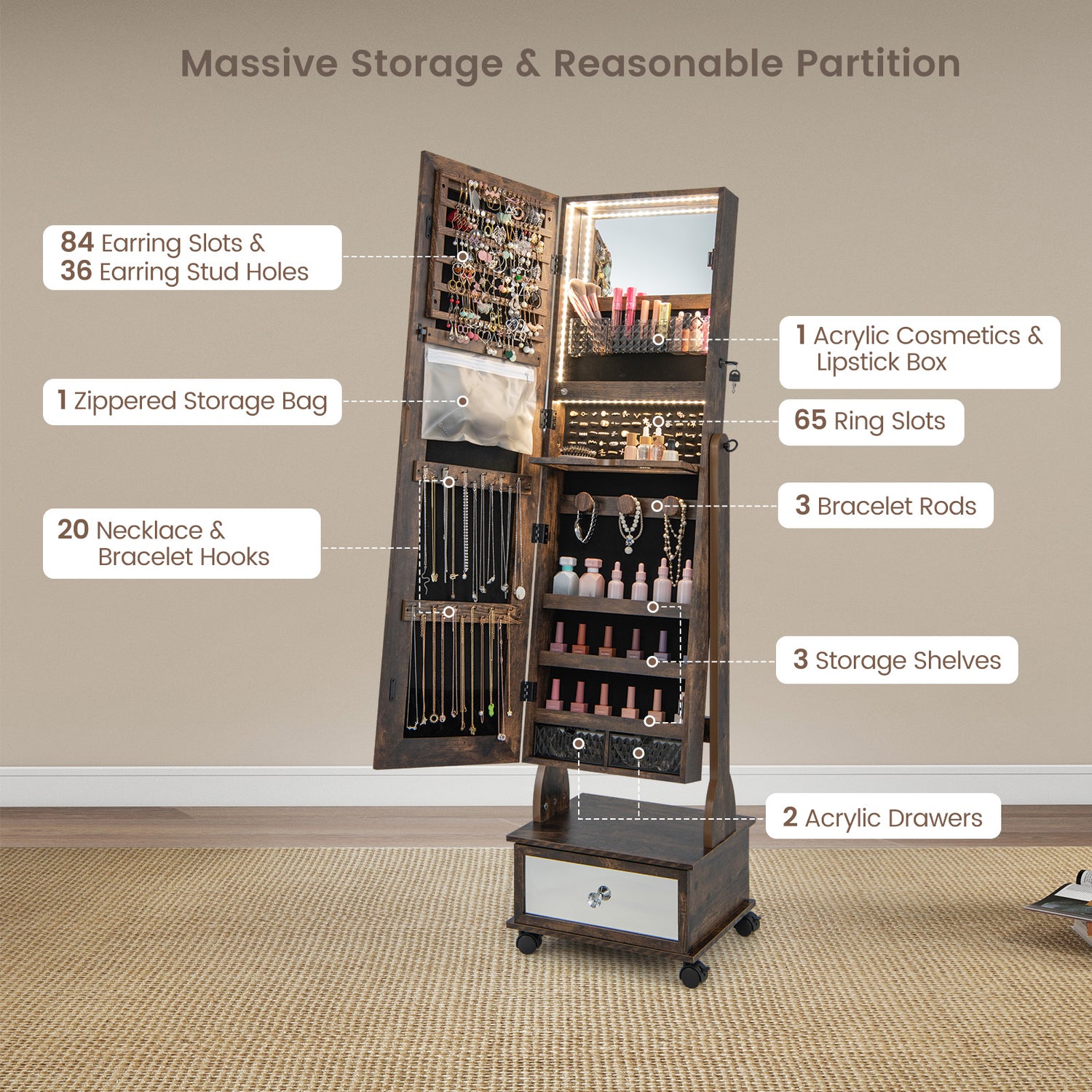 47 Inch Lockable Jewelry Cabinet Armoire with 3-Color LED Lights