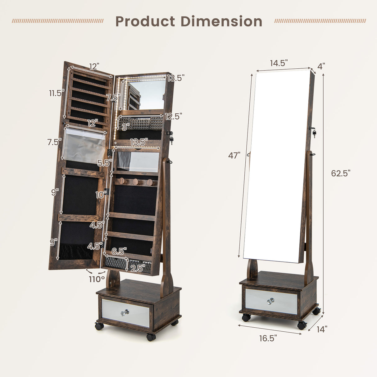47 Inch Lockable Jewelry Cabinet Armoire with 3-Color LED Lights