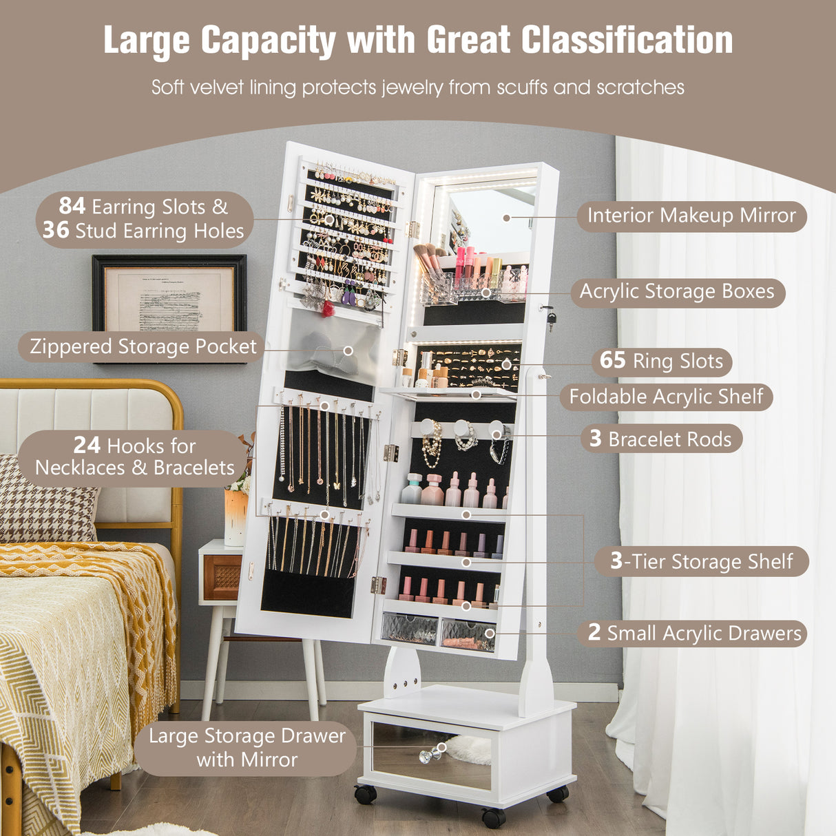 47 Inch Lockable Jewelry Cabinet Armoire with 3-Color LED Lights