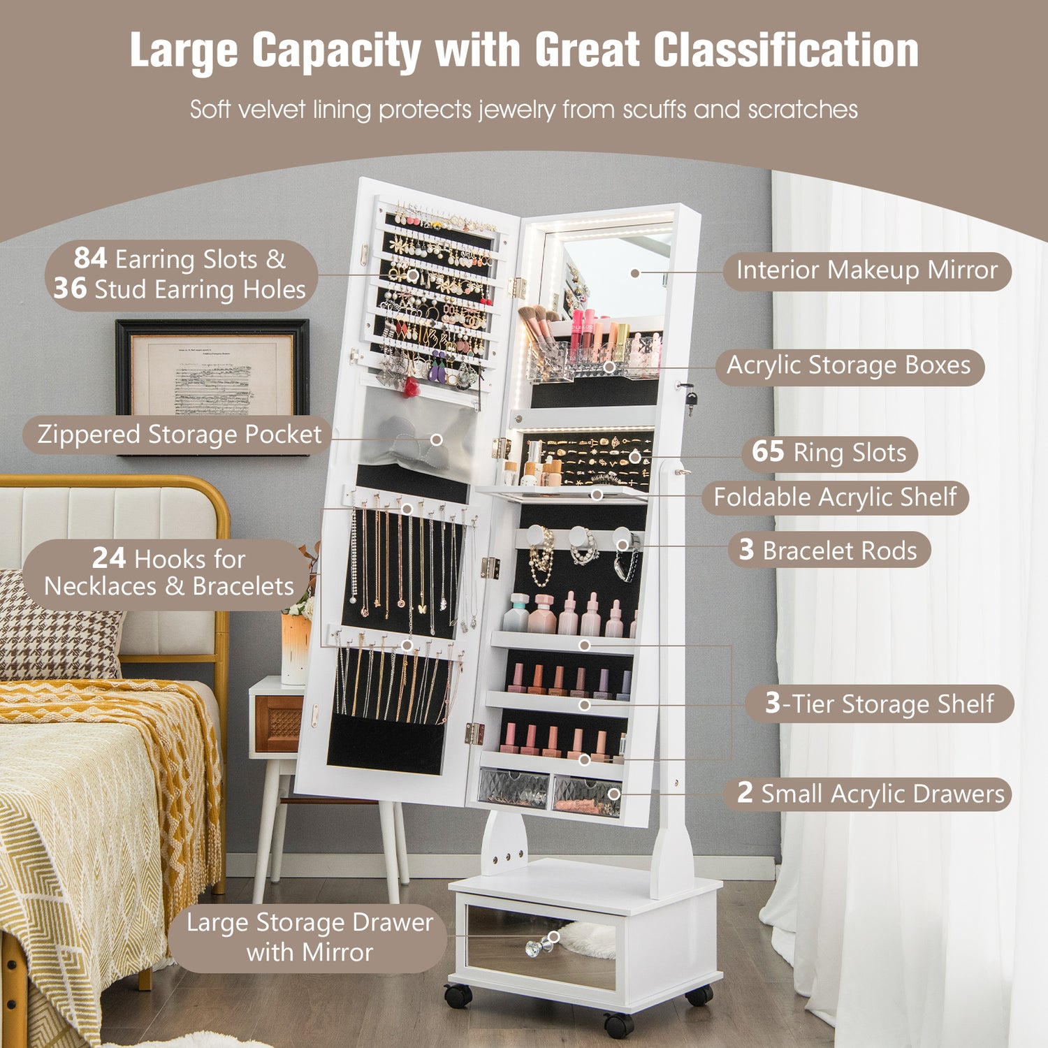 47 Inch Lockable Jewelry Cabinet Armoire with 3-Color LED Lights