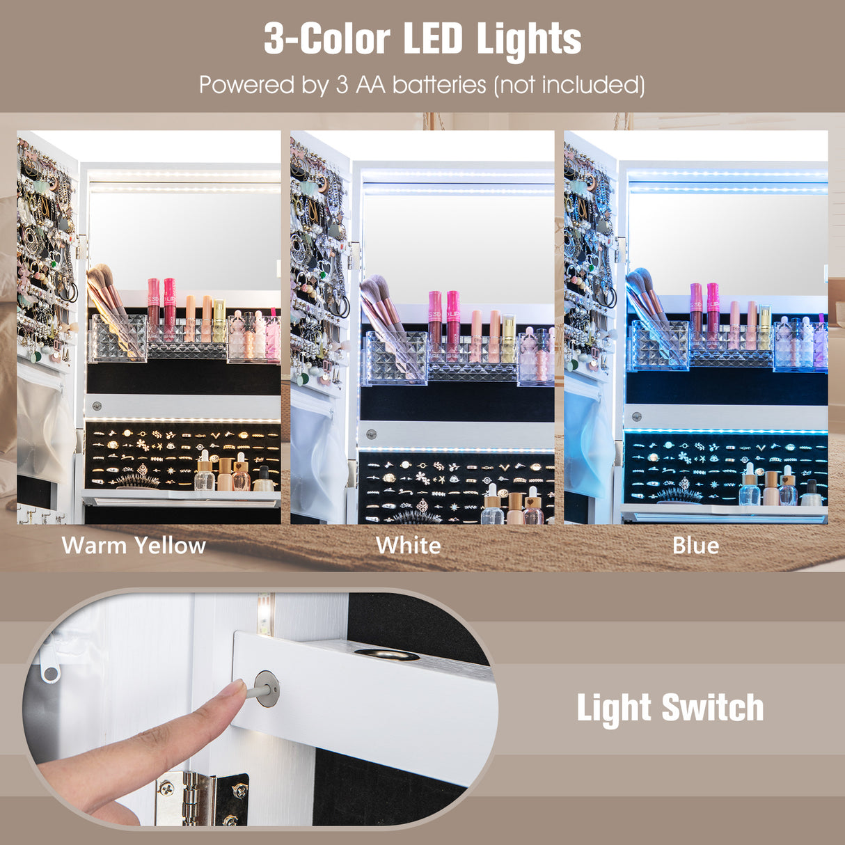 47 Inch Lockable Jewelry Cabinet Armoire with 3-Color LED Lights