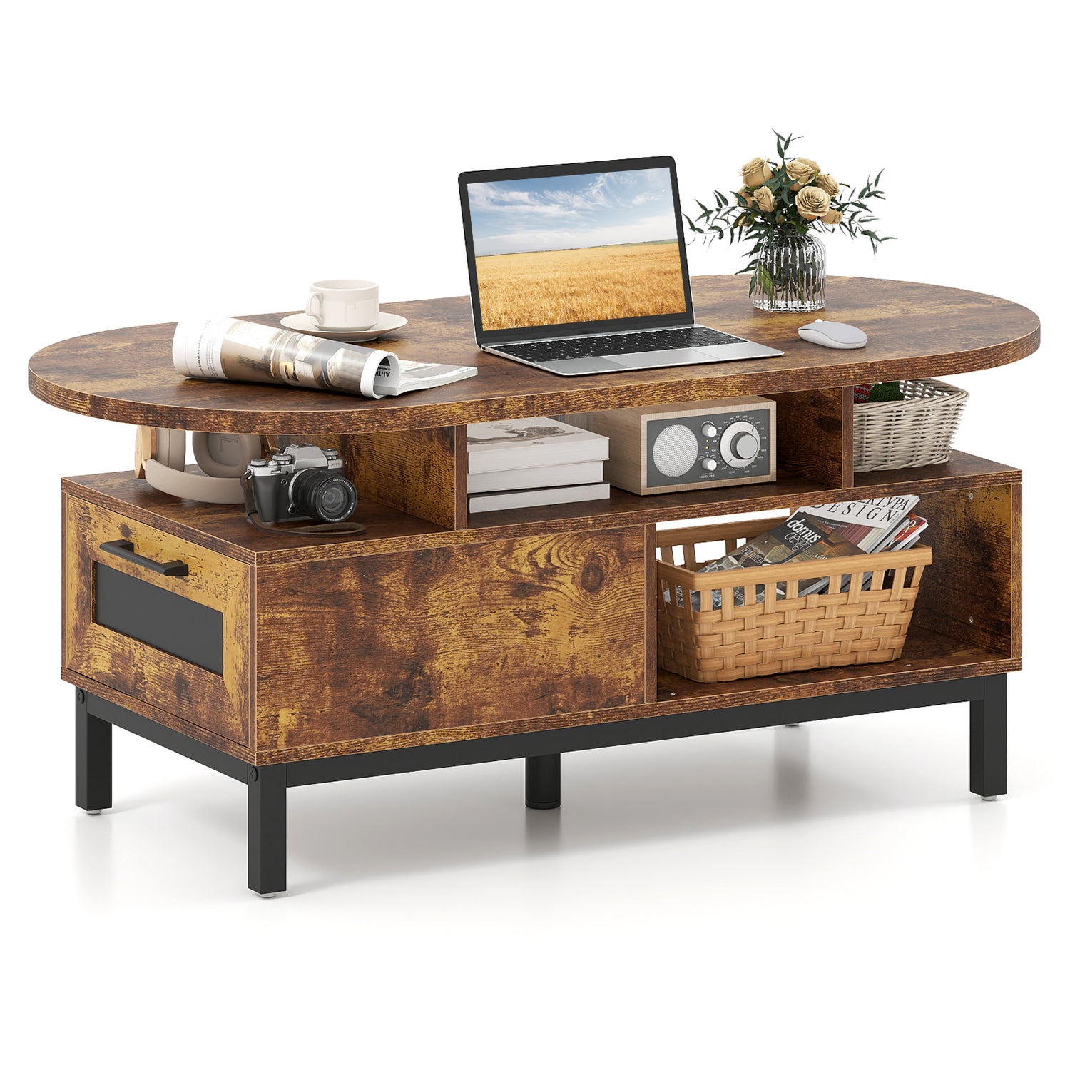 47 Inch Oval Coffee Table with Storage and Open Compartments for Living Room