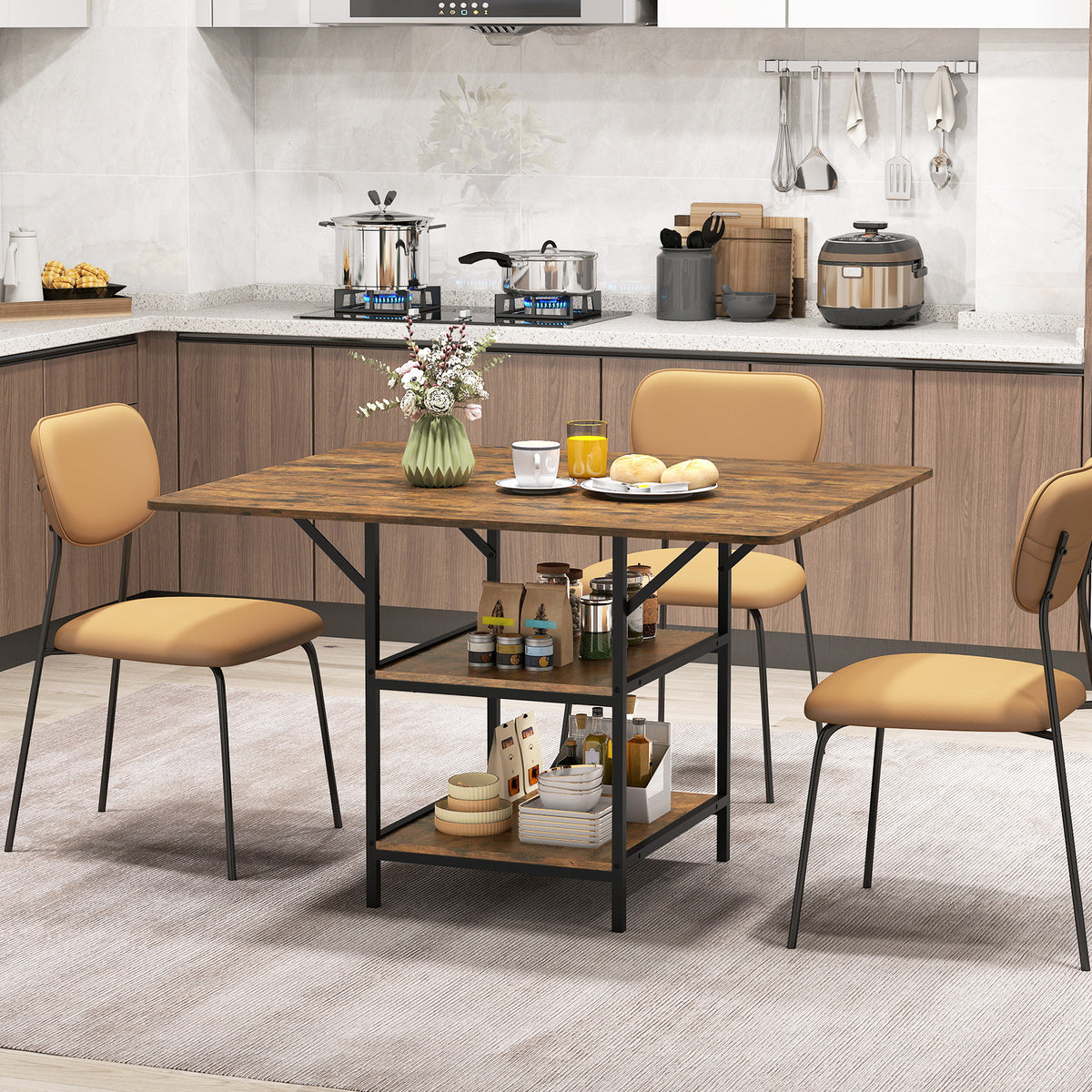 Rectangular Dining Table with 2 Open Storage Shelves and Sturdy Metal Legs for 4-6-Rustic Brown costway2