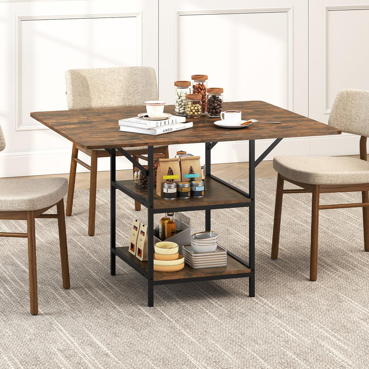 Rectangular Dining Table with 2 Open Storage Shelves and Sturdy Metal Legs for 4-6-Rustic Brown costway2