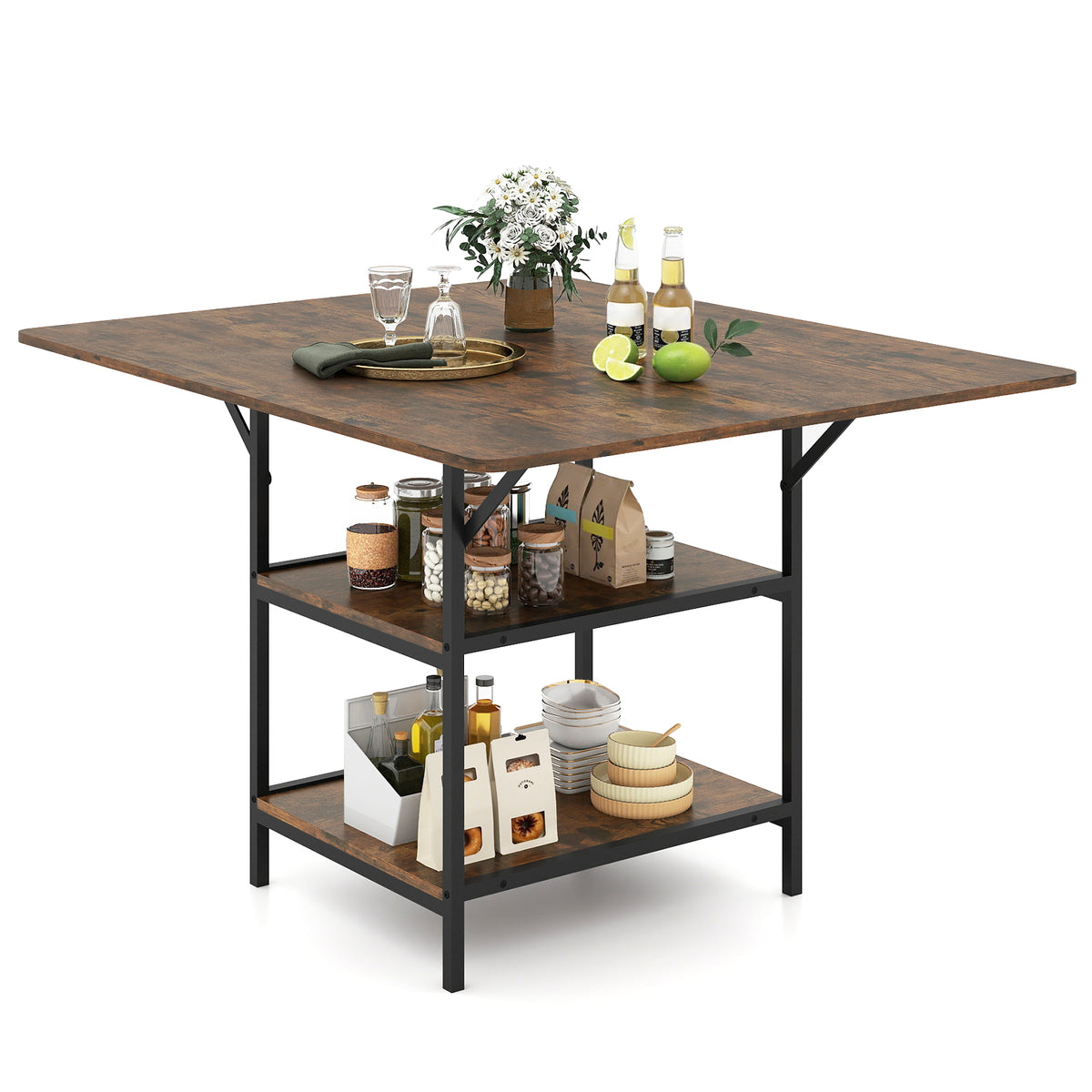 Rectangular Dining Table with 2 Open Storage Shelves and Sturdy Metal Legs for 4-6-Rustic Brown costway2