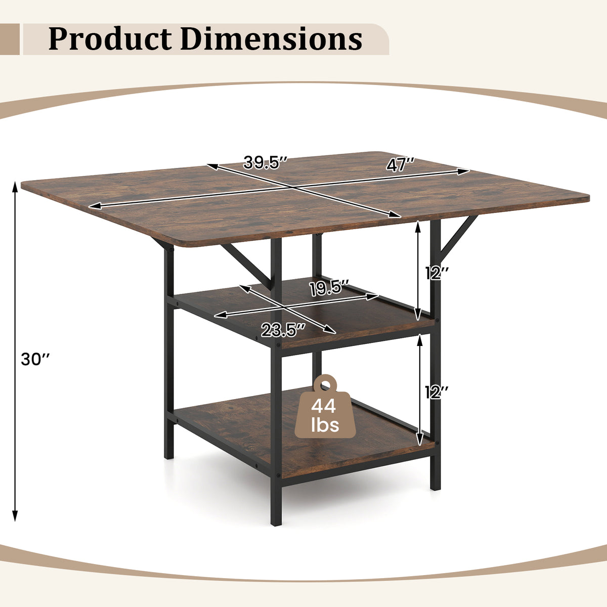 Rectangular Dining Table with 2 Open Storage Shelves and Sturdy Metal Legs for 4-6-Rustic Brown costway2