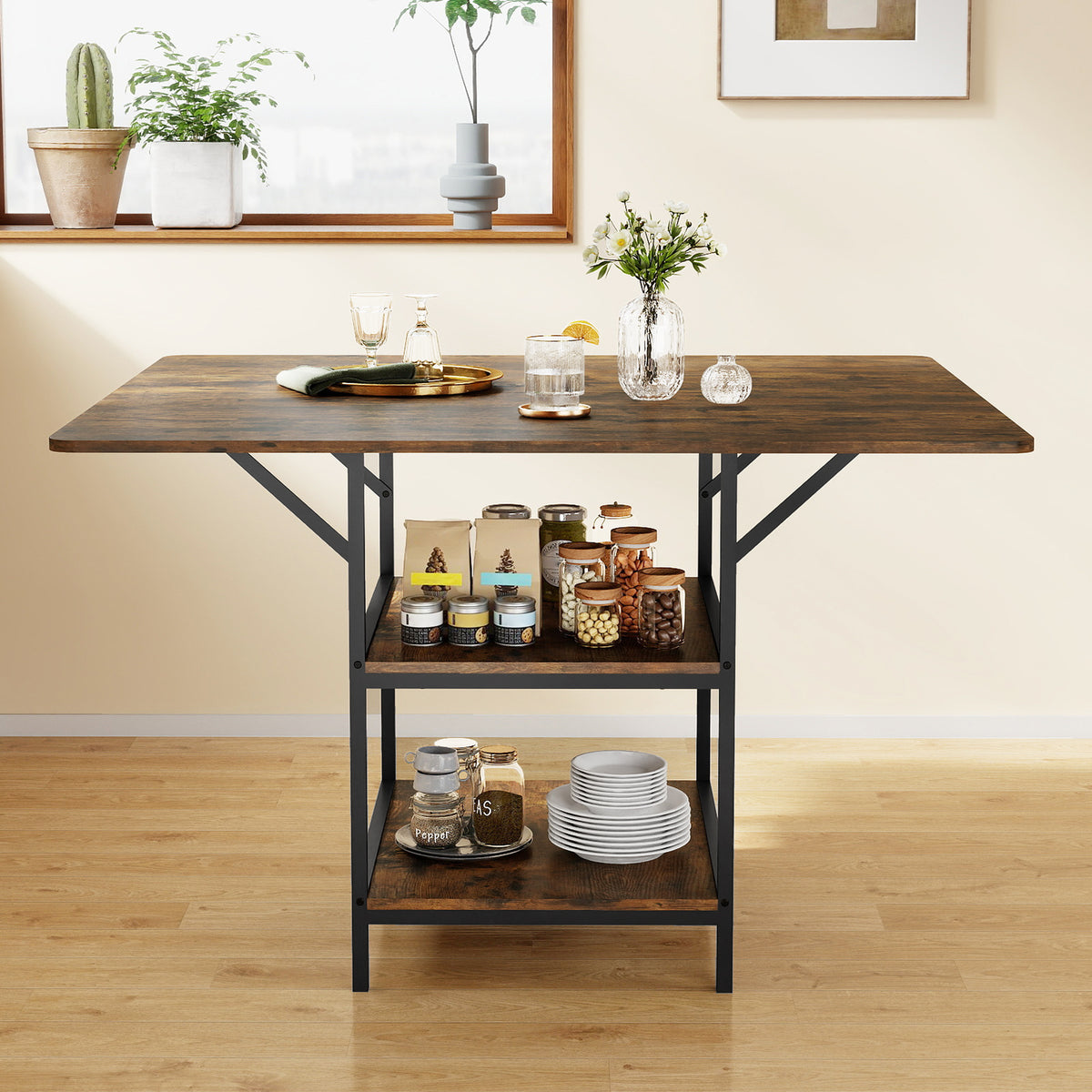 Rectangular Dining Table with 2 Open Storage Shelves and Sturdy Metal Legs for 4-6-Rustic Brown costway2