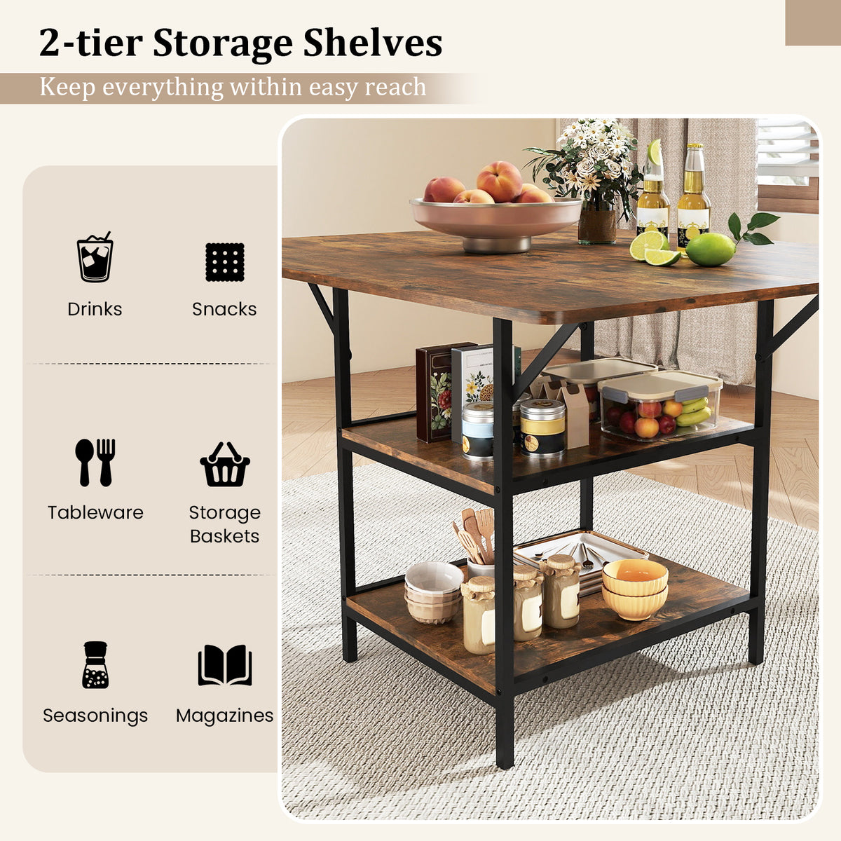 Rectangular Dining Table with 2 Open Storage Shelves and Sturdy Metal Legs for 4-6-Rustic Brown costway2