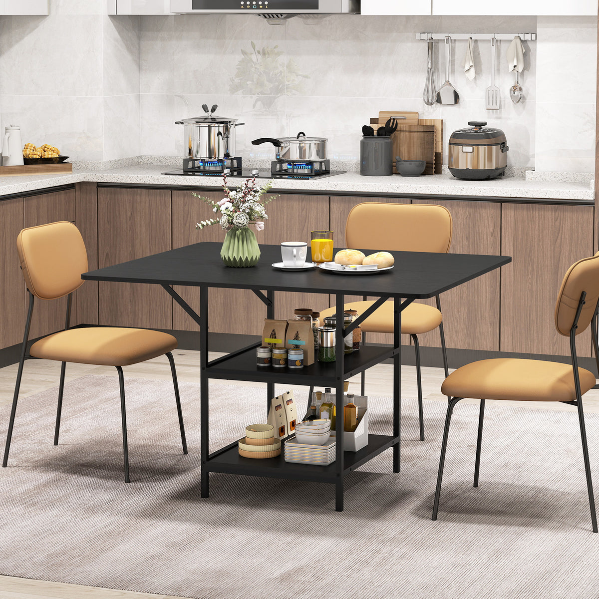 Rectangular Dining Table with 2 Open Storage Shelves and Sturdy Metal Legs for 4-6-Rustic Brown costway2