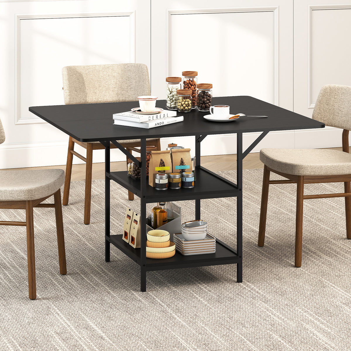 Rectangular Dining Table with 2 Open Storage Shelves and Sturdy Metal Legs for 4-6-Rustic Brown costway2