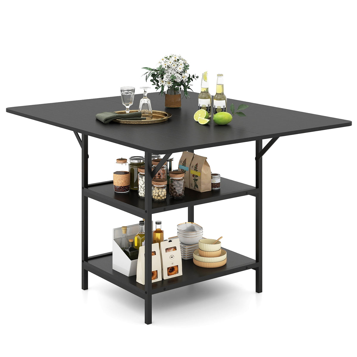 Rectangular Dining Table with 2 Open Storage Shelves and Sturdy Metal Legs for 4-6-Rustic Brown costway2