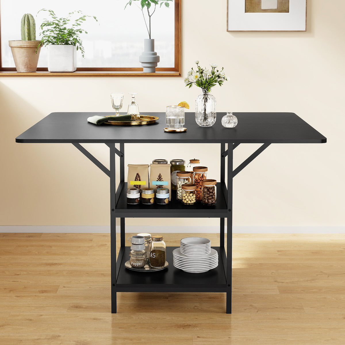 Rectangular Dining Table with 2 Open Storage Shelves and Sturdy Metal Legs for 4-6-Rustic Brown costway2
