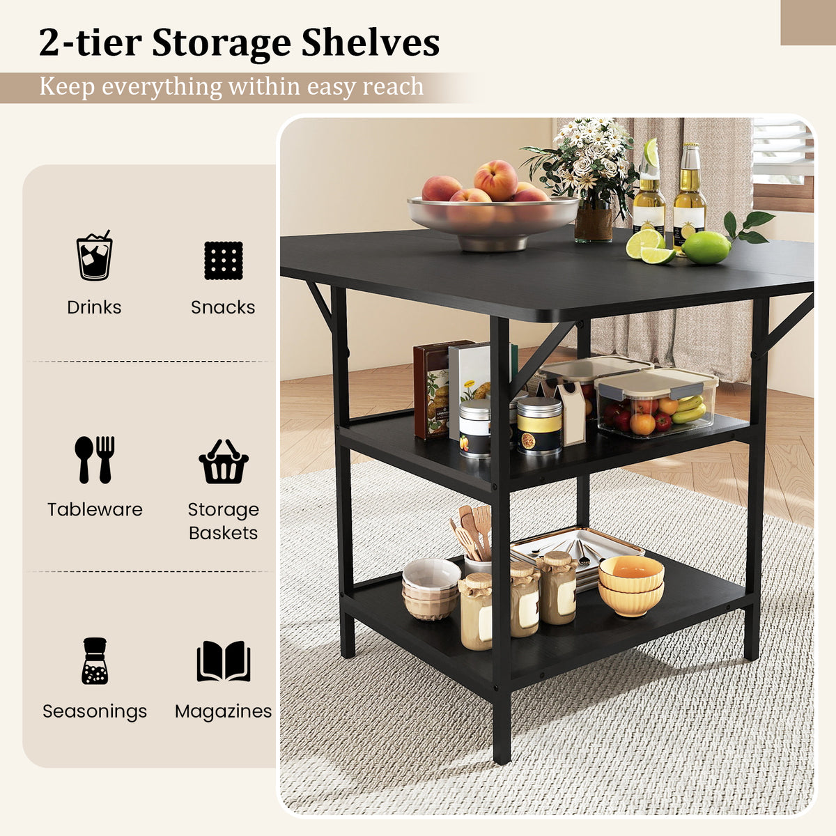 Rectangular Dining Table with 2 Open Storage Shelves and Sturdy Metal Legs for 4-6-Rustic Brown costway2