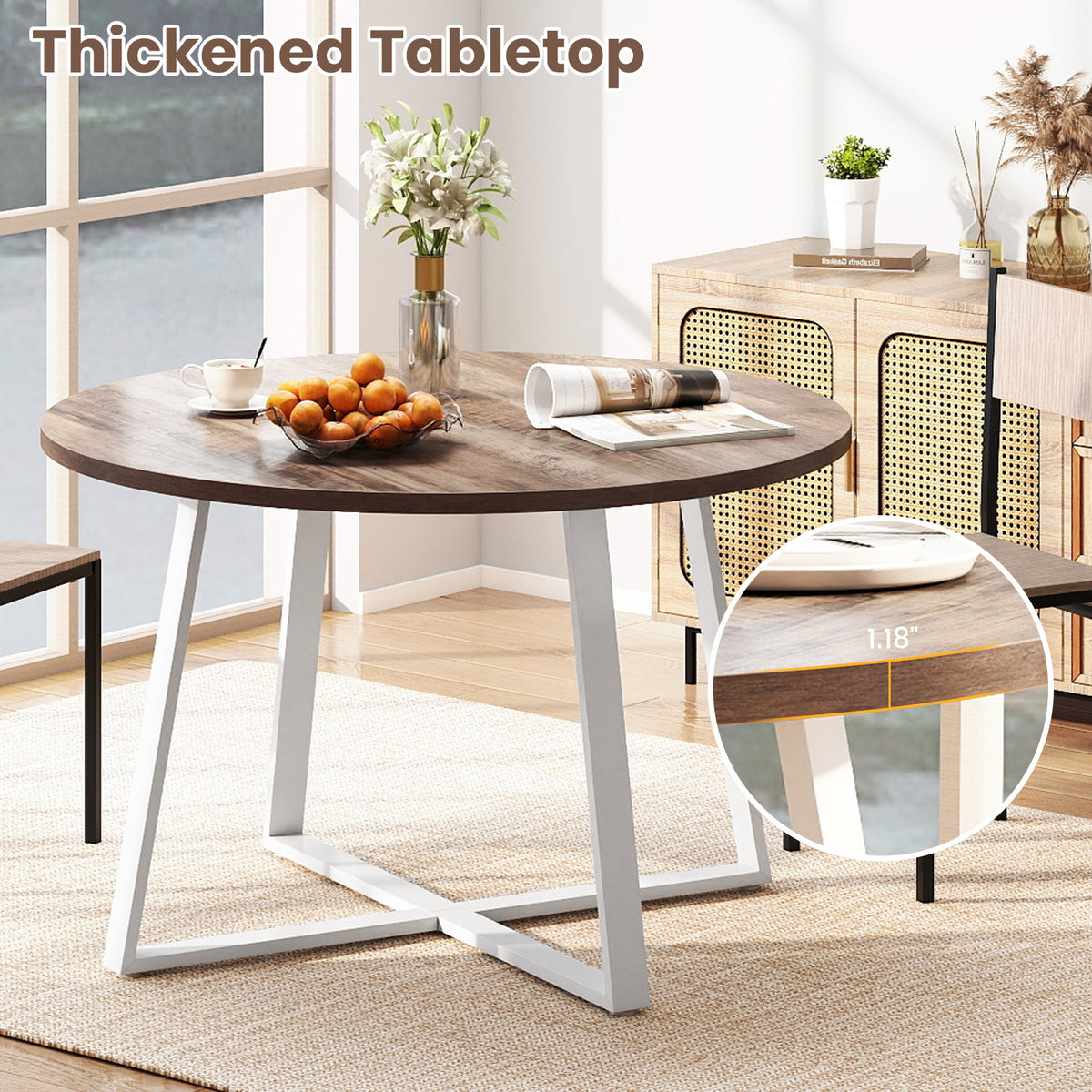 Round Dining Table with Stable X-shaped Base and Round Thickened Tabletop