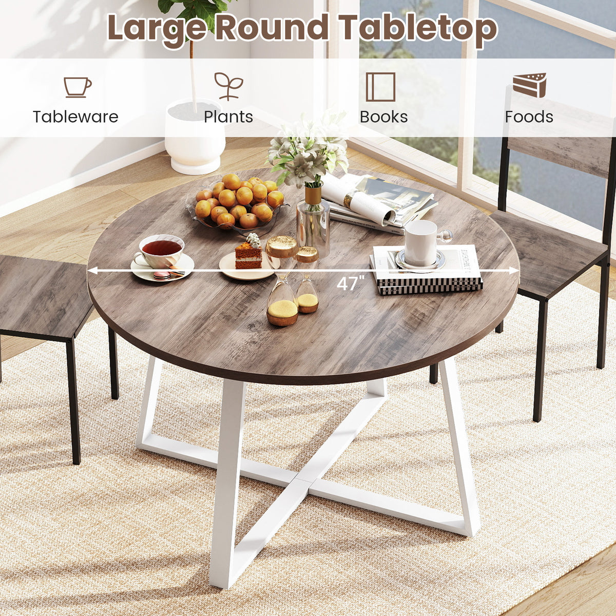 Round Dining Table with Stable X-shaped Base and Round Thickened Tabletop
