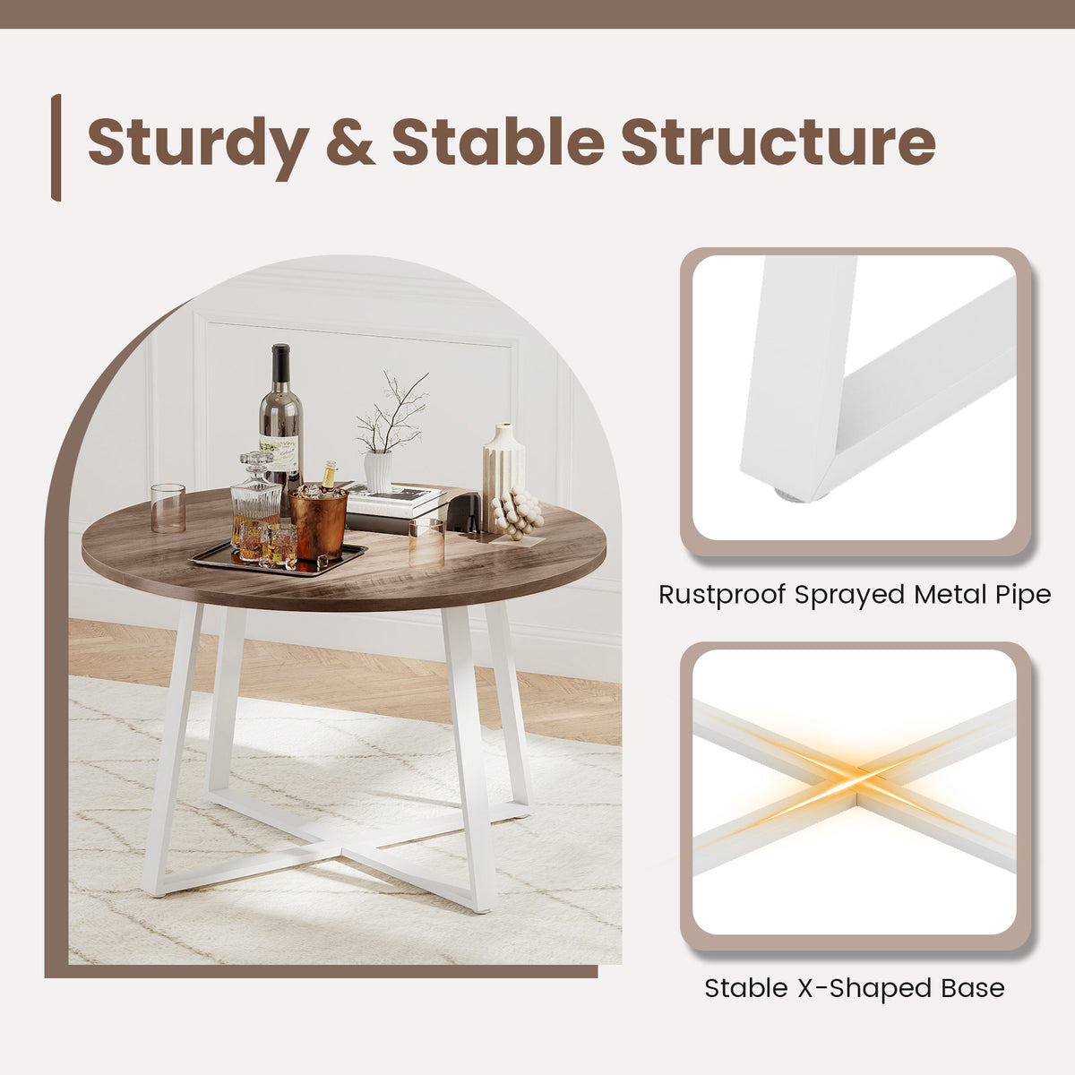 Round Dining Table with Stable X-shaped Base and Round Thickened Tabletop