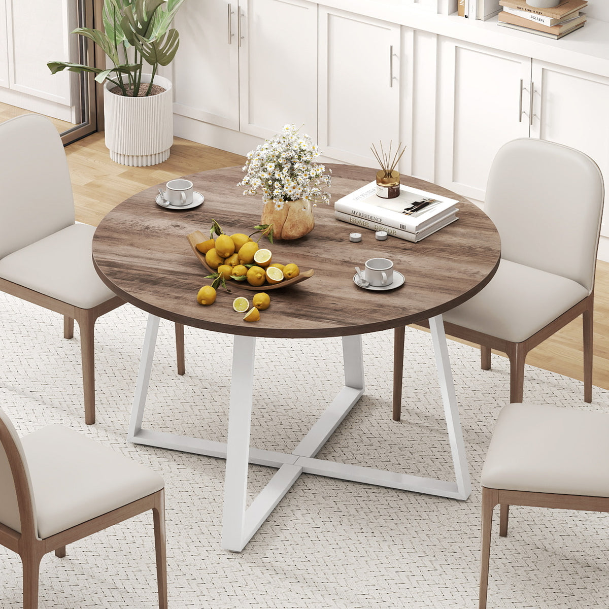 Round Dining Table with Stable X-shaped Base and Round Thickened Tabletop