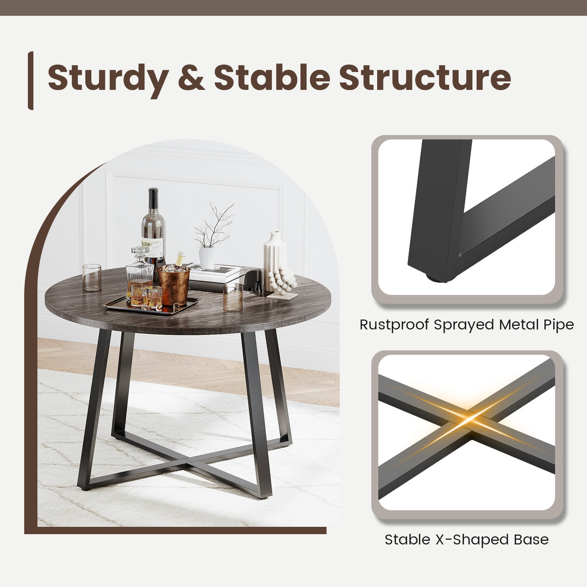 Round Dining Table with Stable X-shaped Base and Round Thickened Tabletop