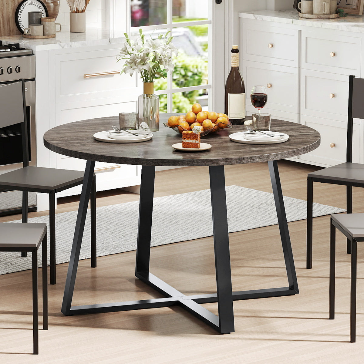 Round Dining Table with Stable X-shaped Base and Round Thickened Tabletop