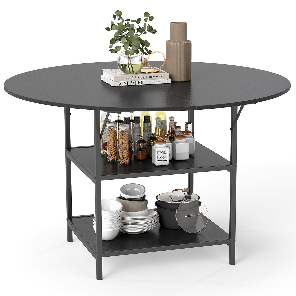 Round Dining Table for 4-6 People Large Kitchen Table with 2-Tier Storage Shelves