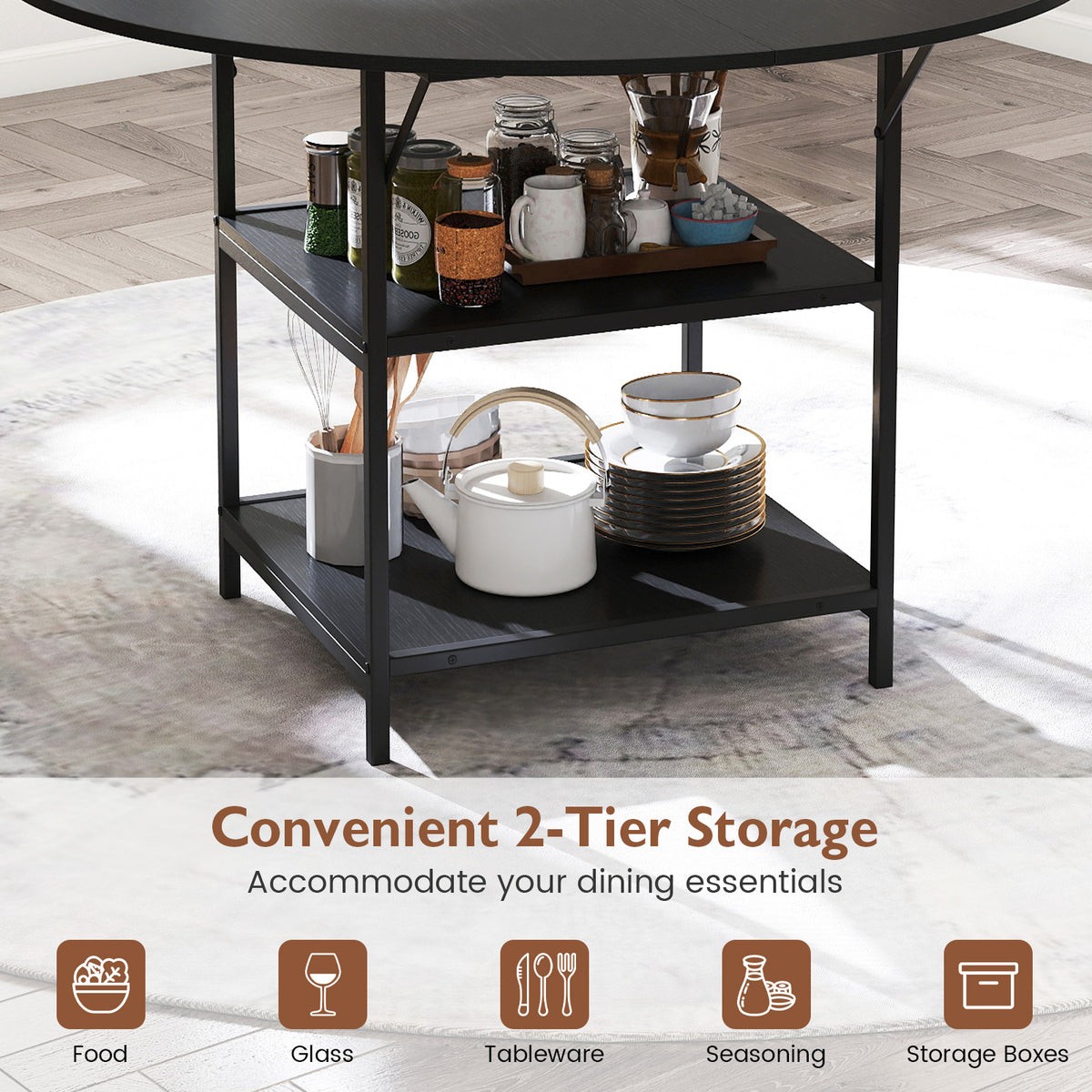 Round Dining Table for 4-6 People Large Kitchen Table with 2-Tier Storage Shelves