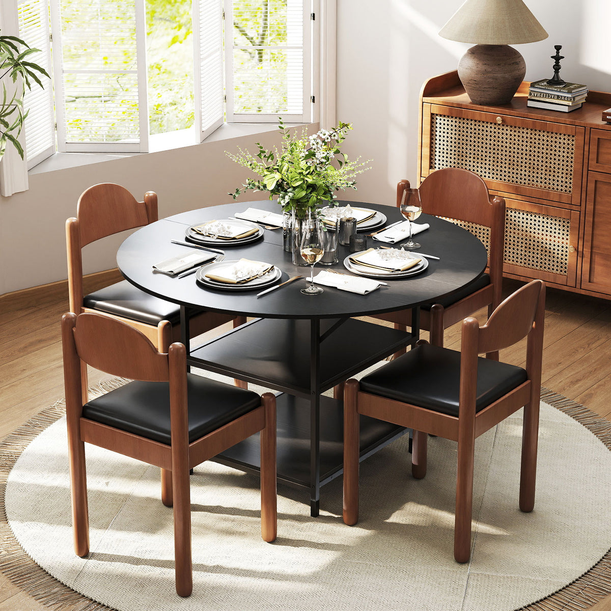 Round Dining Table for 4-6 People Large Kitchen Table with 2-Tier Storage Shelves