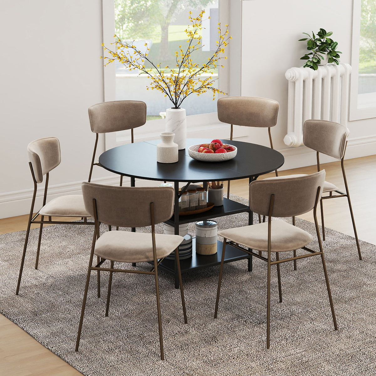Round Dining Table for 4-6 People Large Kitchen Table with 2-Tier Storage Shelves