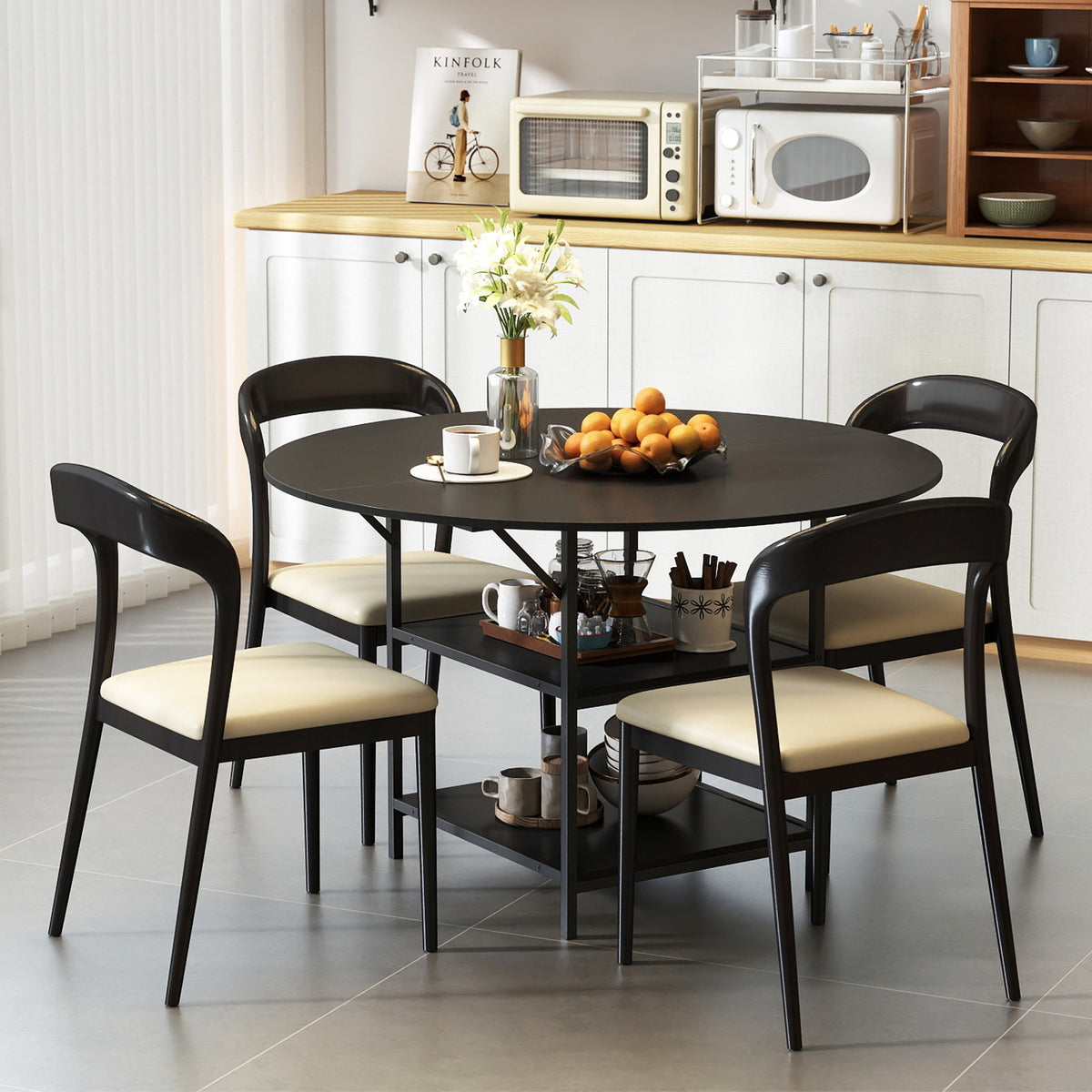 Round Dining Table for 4-6 People Large Kitchen Table with 2-Tier Storage Shelves