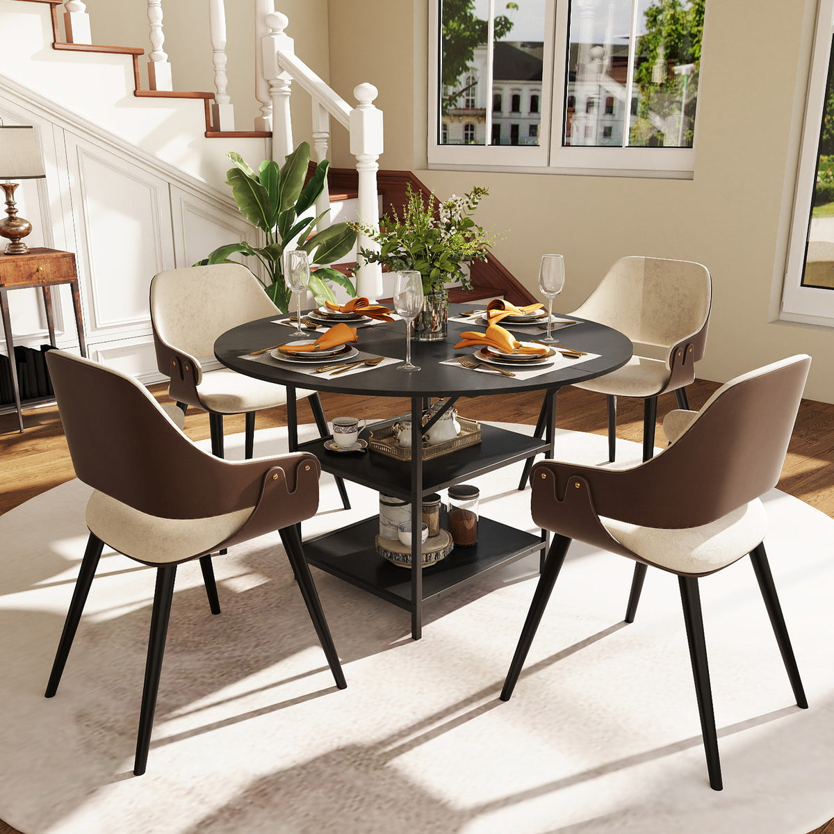 Round Dining Table for 4-6 People Large Kitchen Table with 2-Tier Storage Shelves